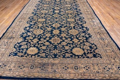 Large Antique Turkish Oushak Carpet, Allover Dark Blue Field, Beige Borders