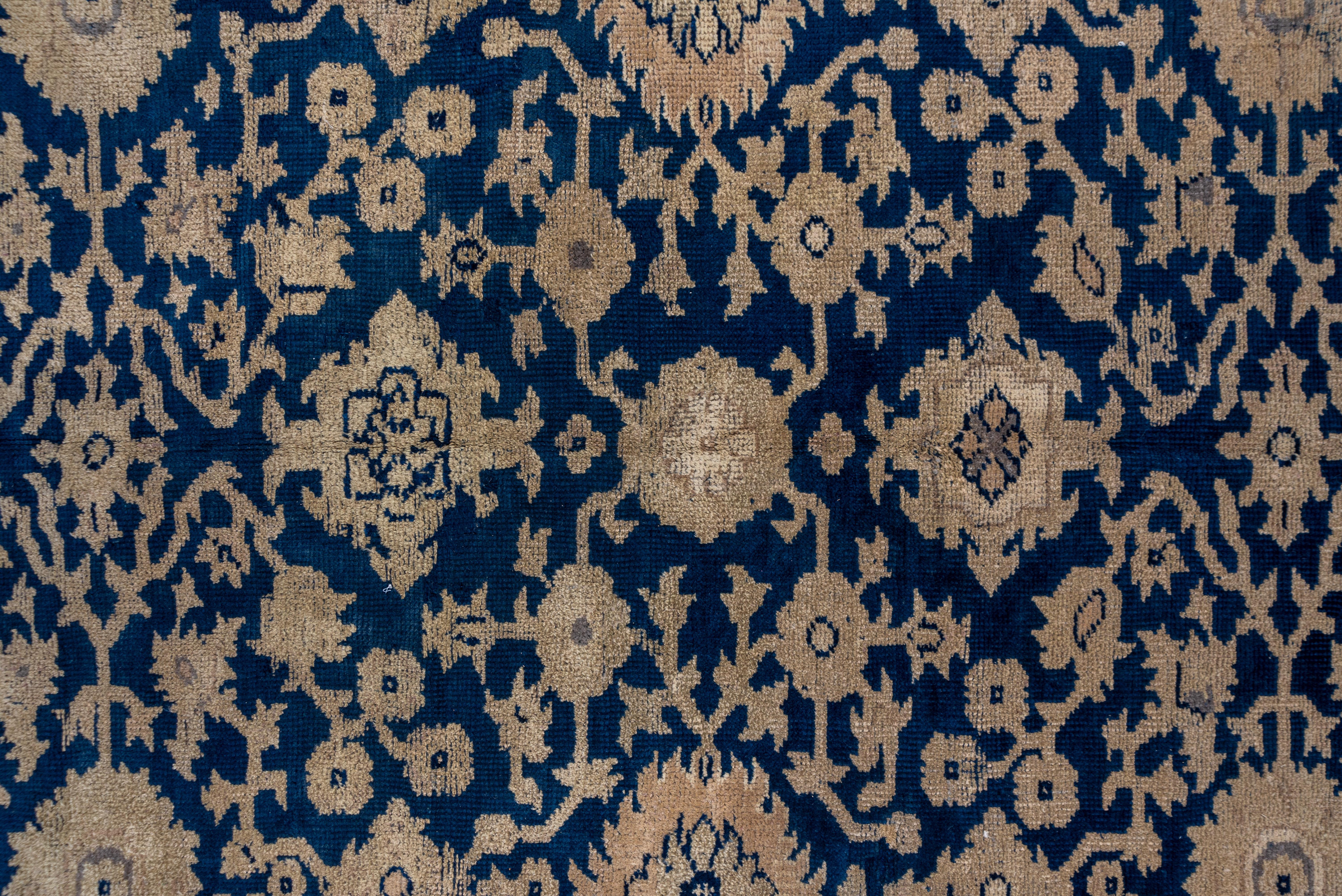 Hand-Knotted Large Antique Turkish Oushak Carpet, Allover Dark Blue Field, Beige Borders For Sale
