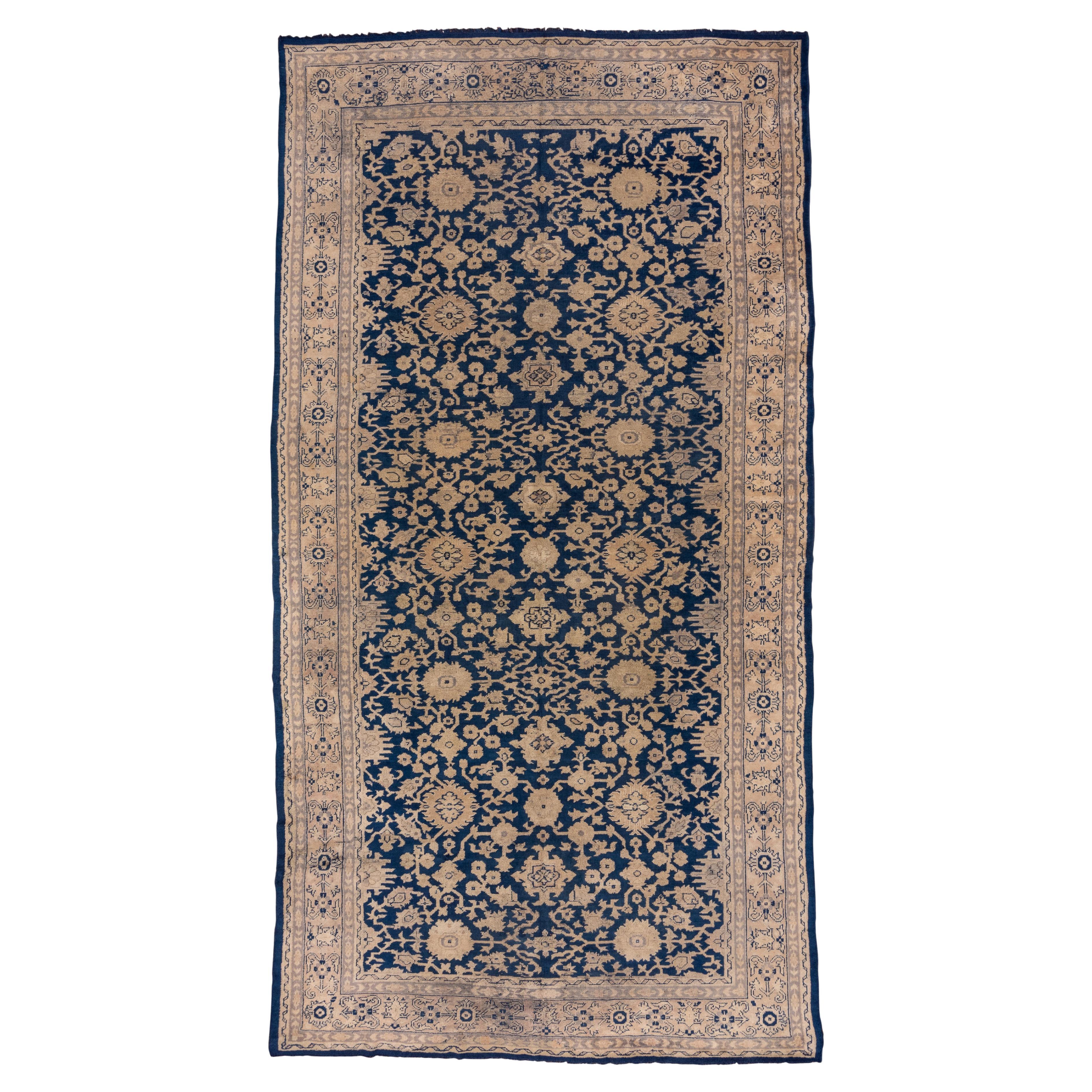 Large Antique Turkish Oushak Carpet, Allover Dark Blue Field, Beige Borders For Sale