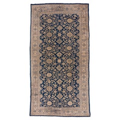 Large Vintage Turkish Oushak Carpet, Allover Dark Blue Field, Beige Borders