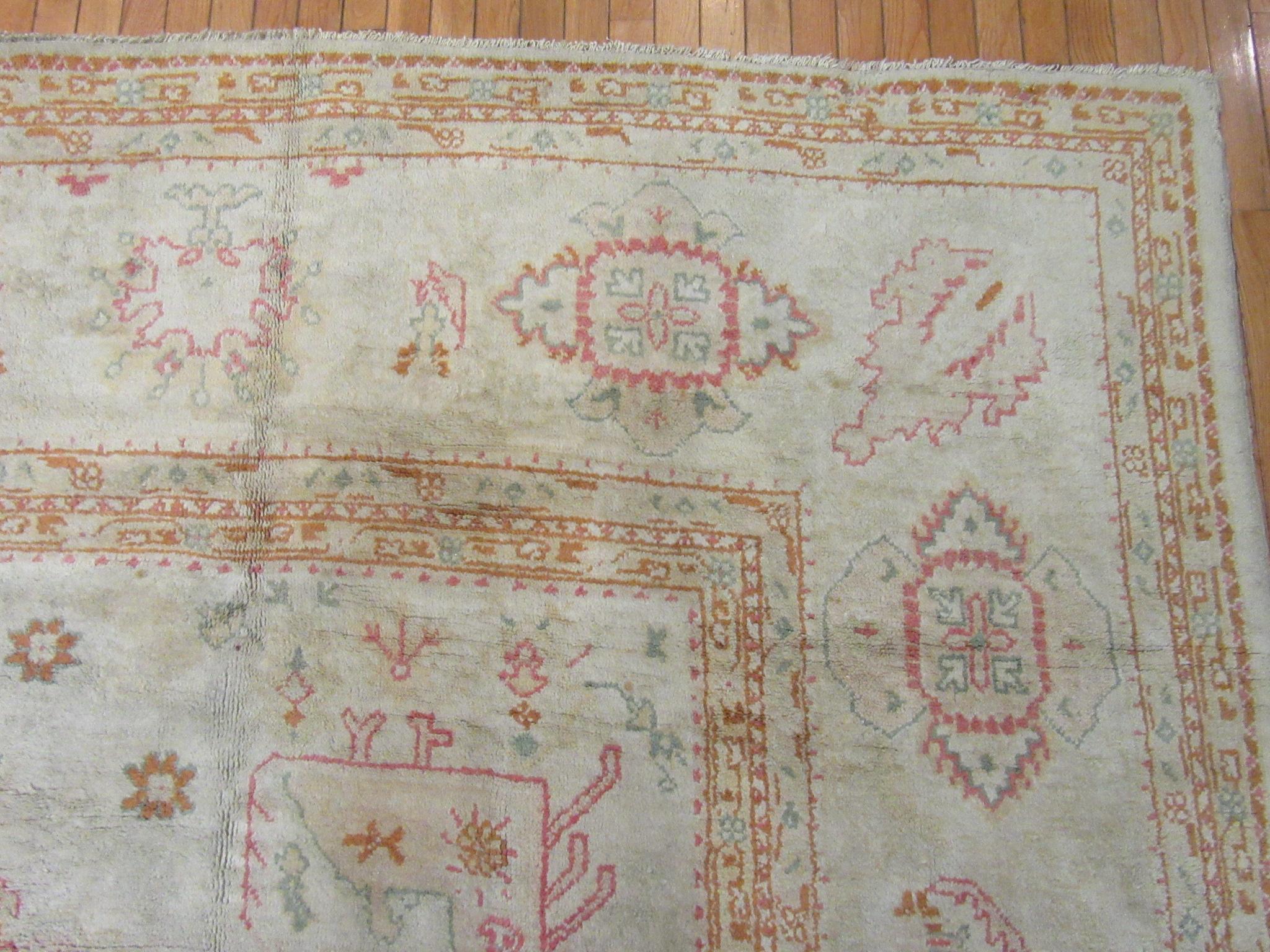 Large Antique Hand Knotted Wool Turkish Oushak Rug For Sale 6
