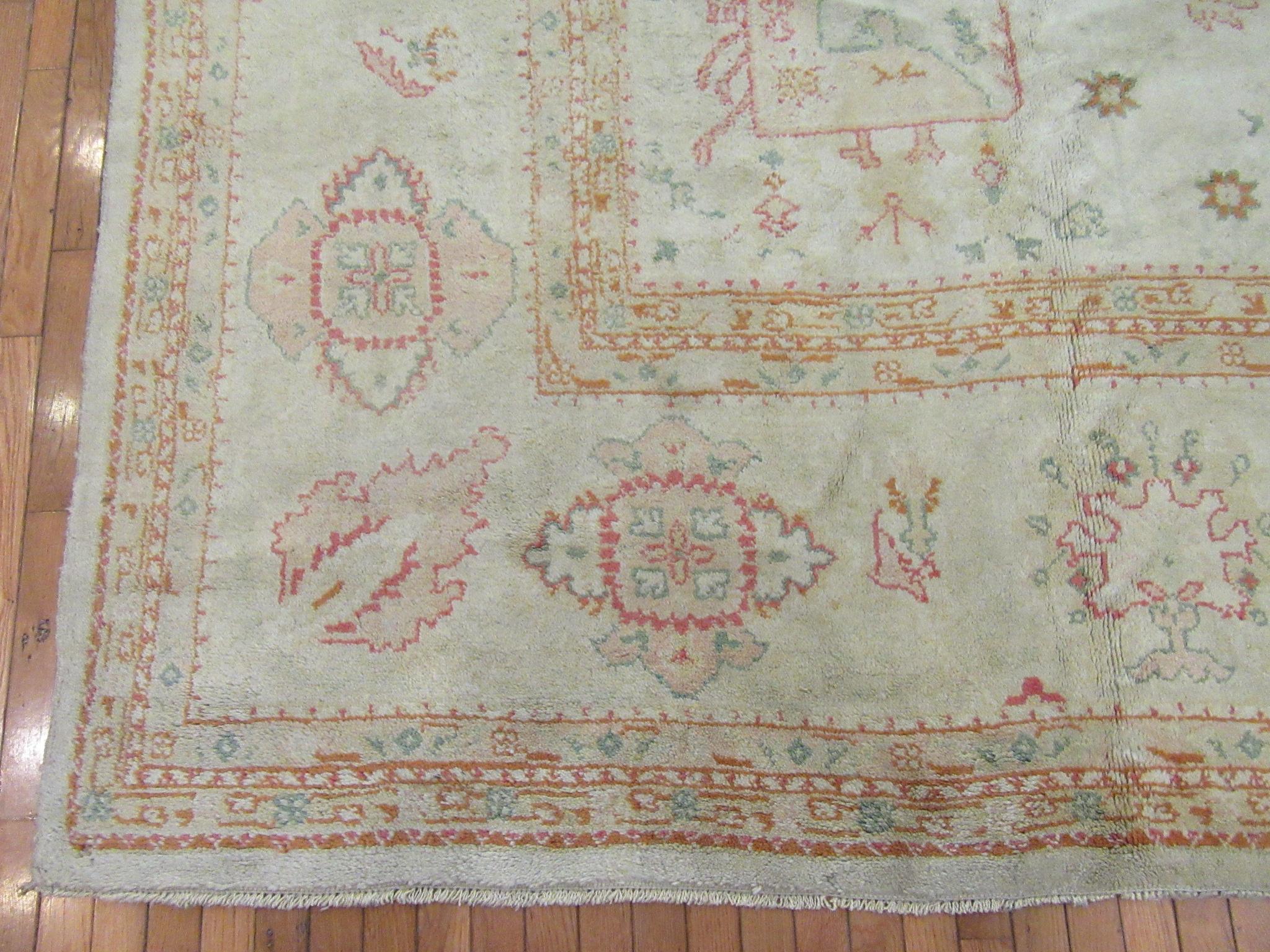 Hand-Knotted Large Antique Hand Knotted Wool Turkish Oushak Rug For Sale