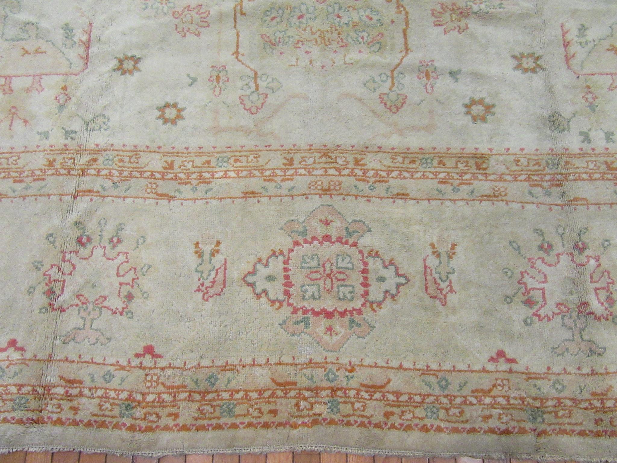 Large Antique Hand Knotted Wool Turkish Oushak Rug In Good Condition For Sale In Atlanta, GA