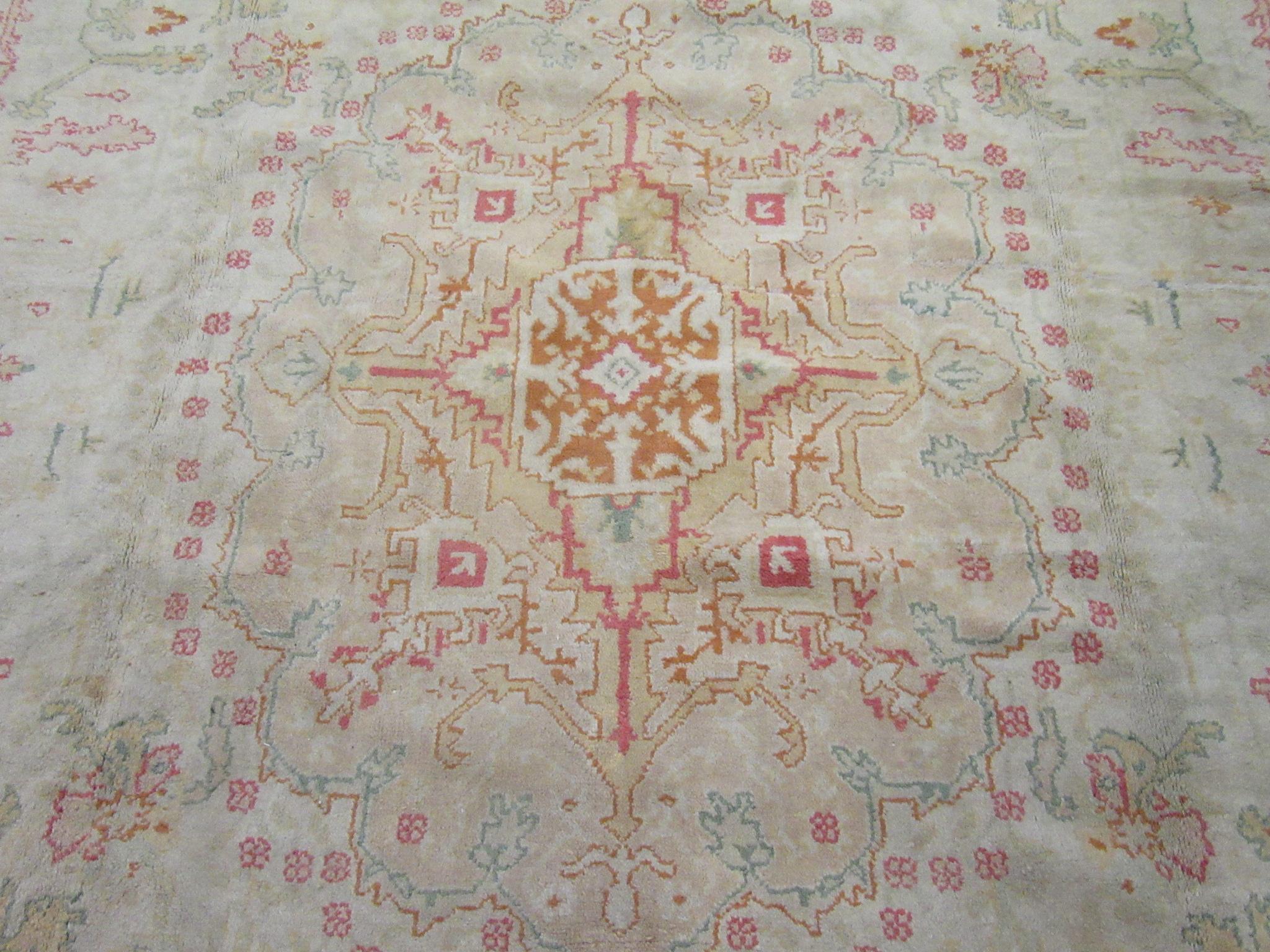 Large Antique Hand Knotted Wool Turkish Oushak Rug For Sale 2