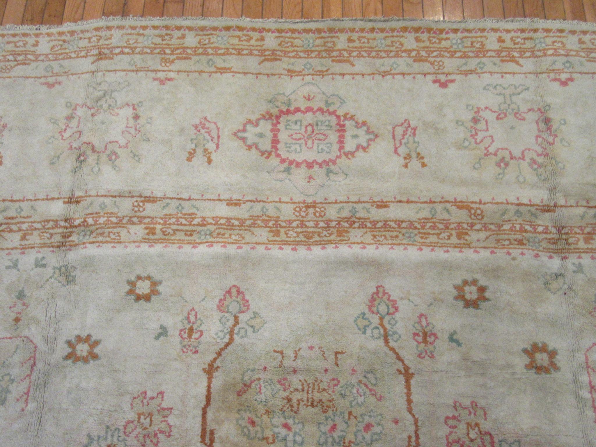 Large Antique Hand Knotted Wool Turkish Oushak Rug For Sale 4