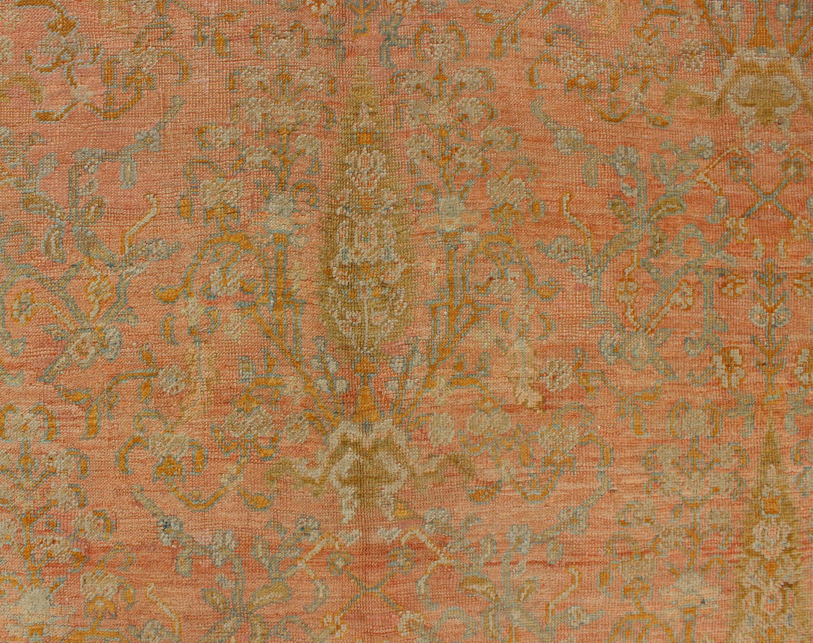 Large Antique Turkish Oushak Rug in Pink, Light Blue and Chartreuse Green 7