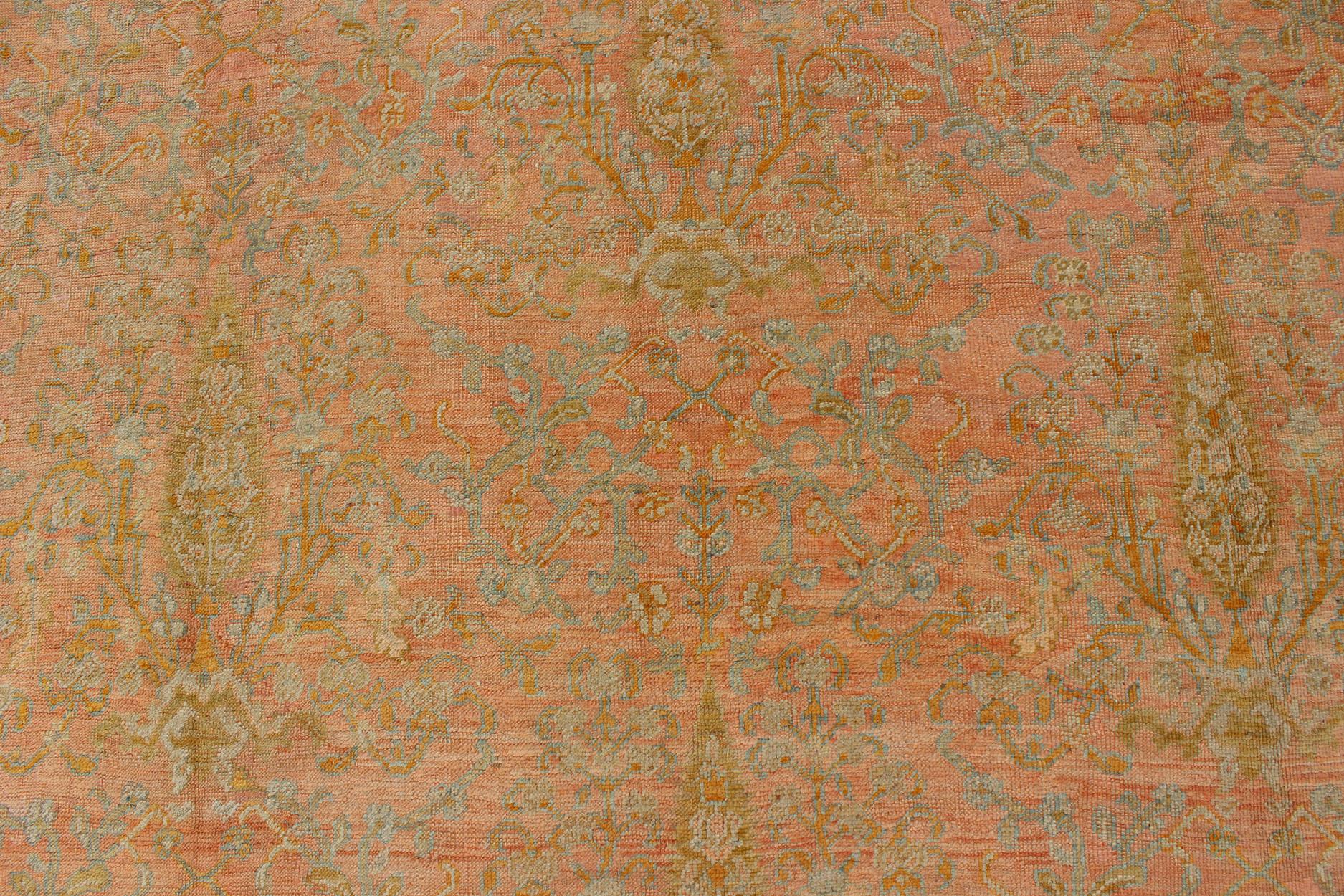 Large Antique Turkish Oushak Rug in Pink, Light Blue and Chartreuse Green 3