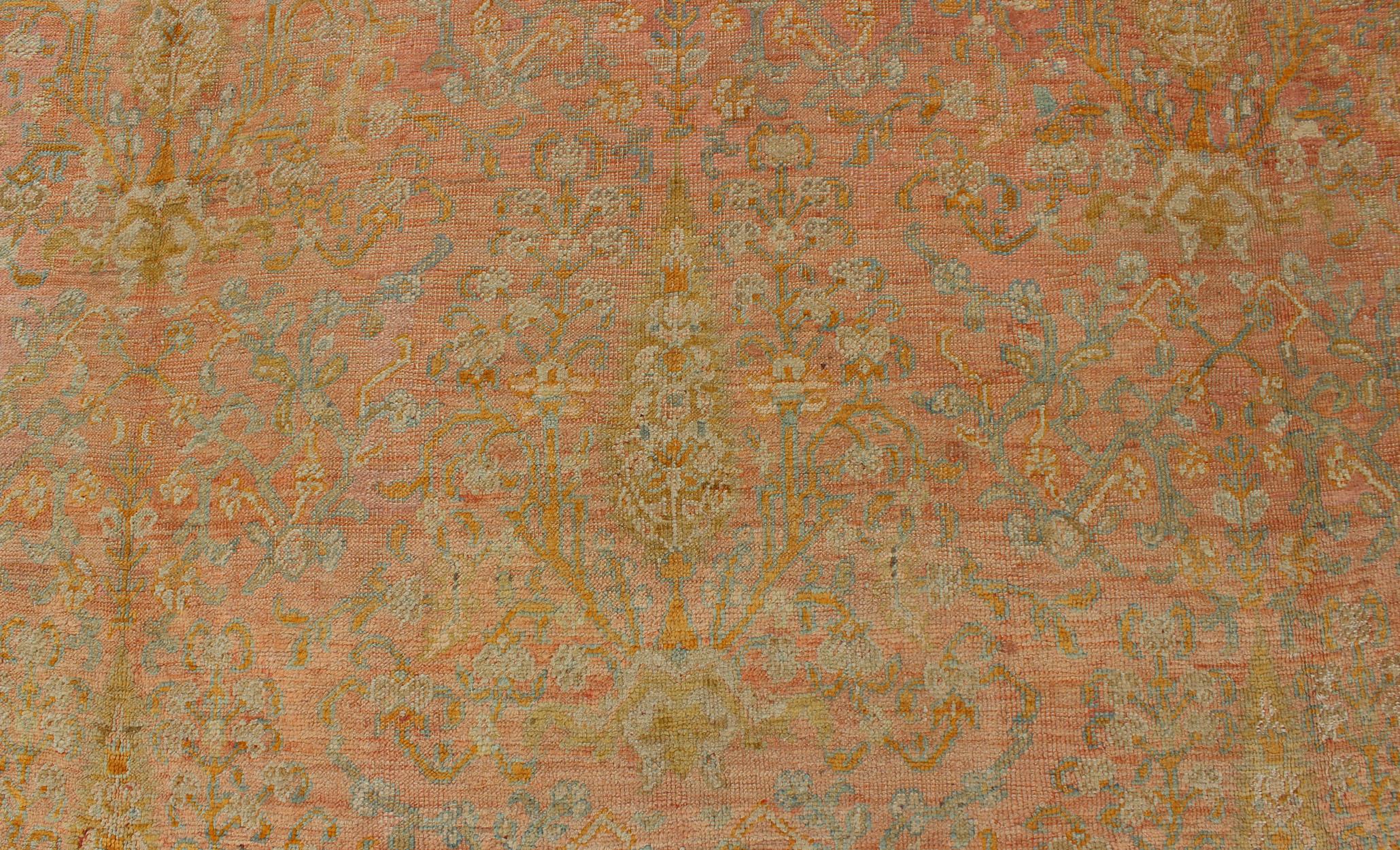 Large Antique Turkish Oushak Rug in Pink, Light Blue and Chartreuse Green 4