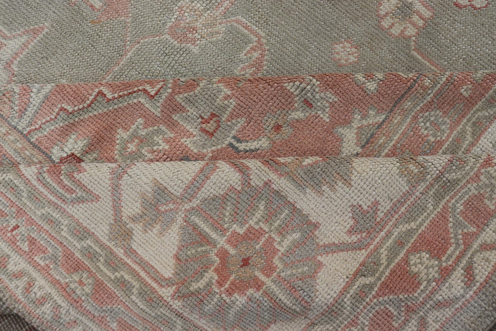 Large Antique Turkish Oushak With Medallion in Green and Pink 13'4 x 16'4 For Sale 4