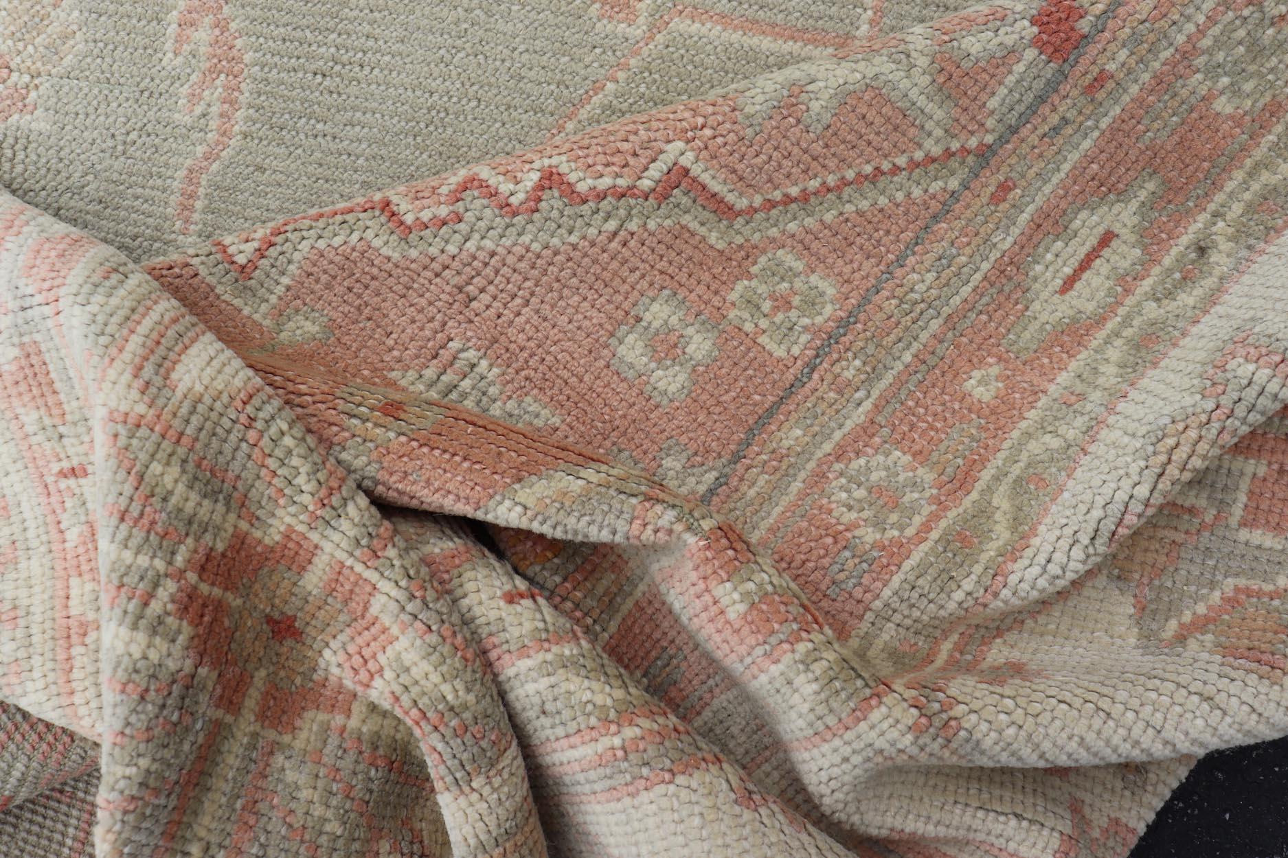 Large Antique Turkish Oushak With Medallion in Green and Pink 13'4 x 16'4 For Sale 5