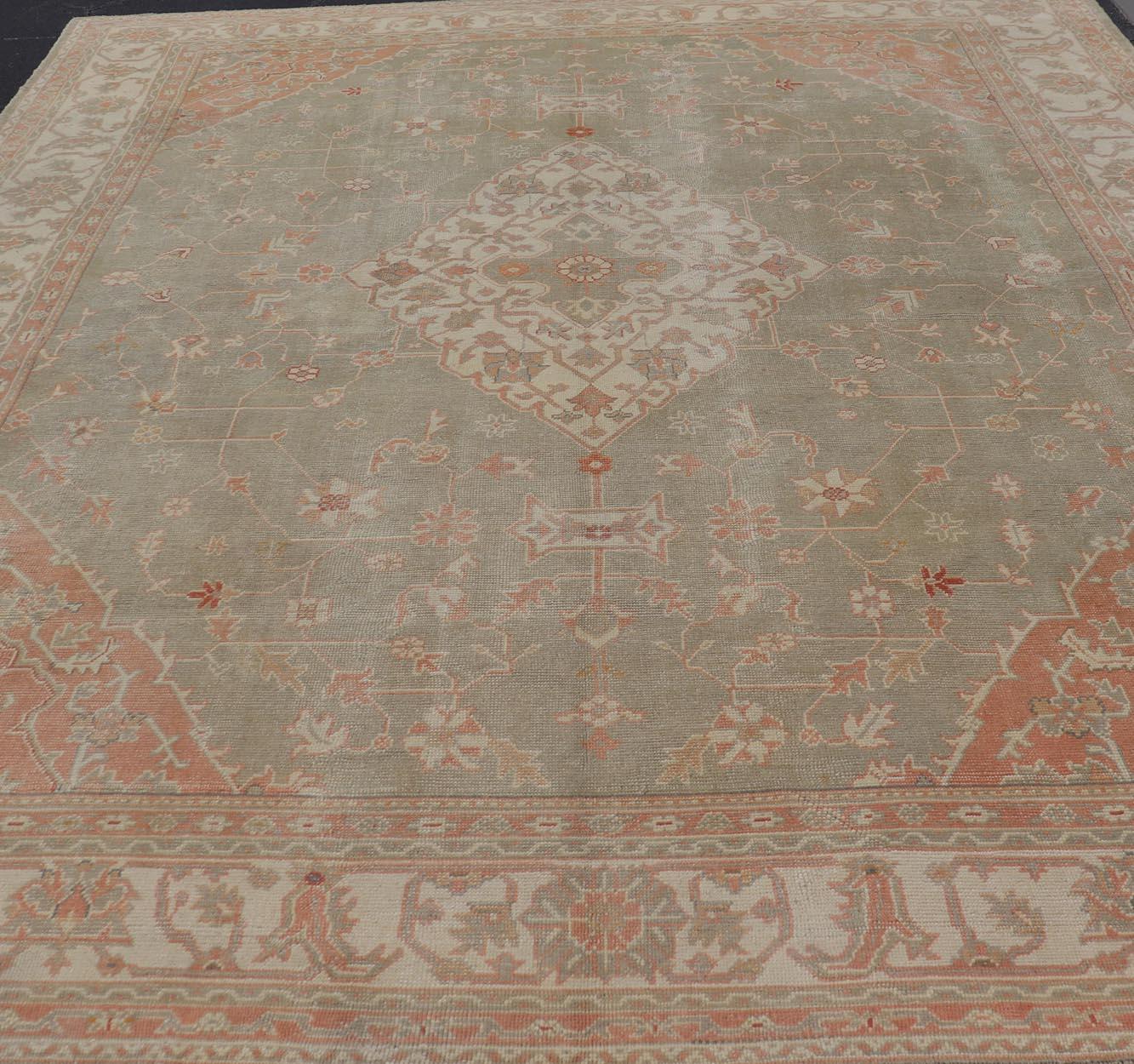 Large Antique Turkish Oushak With Medallion in Green and Pink 13'4 x 16'4 For Sale 6