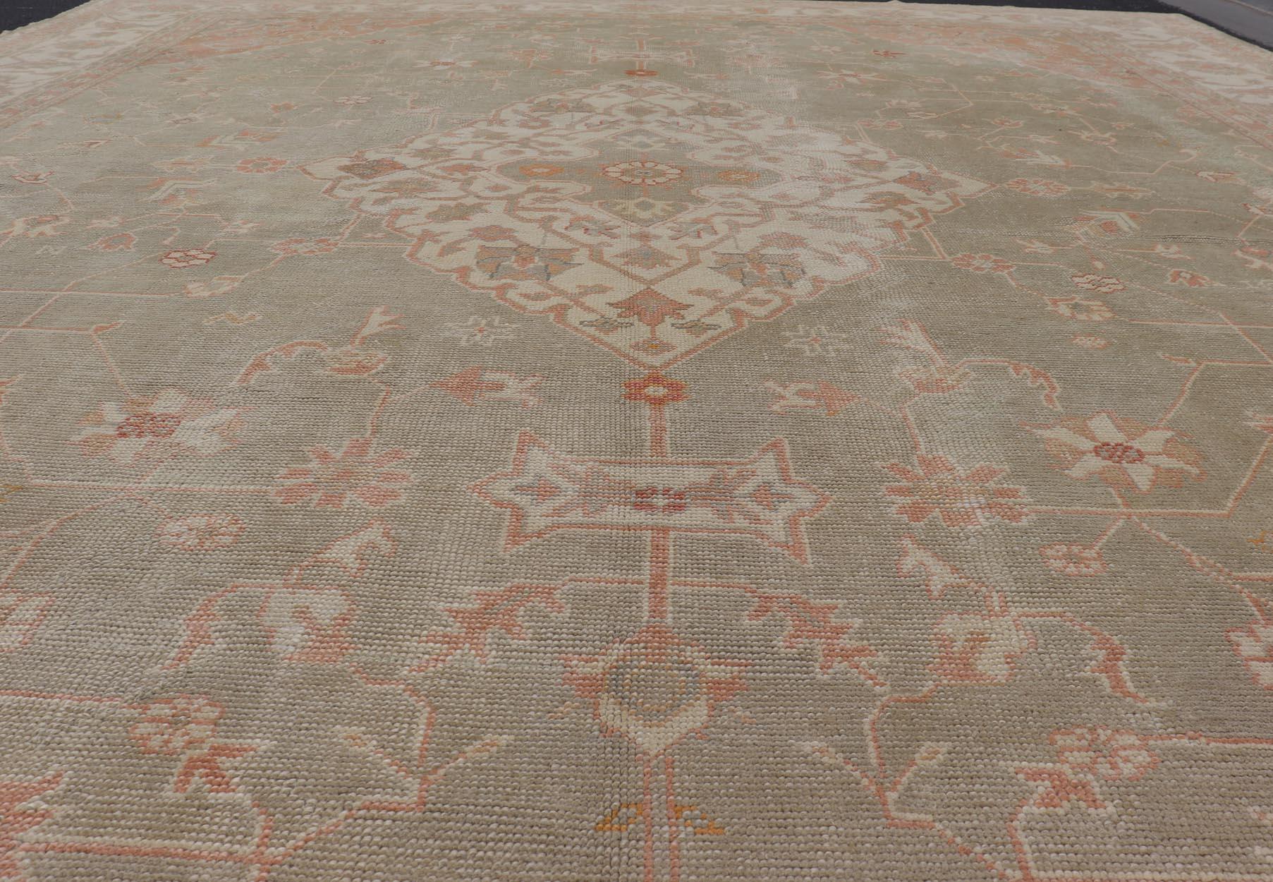 Large Antique Turkish Oushak With Medallion in Green and Pink 13'4 x 16'4 For Sale 7