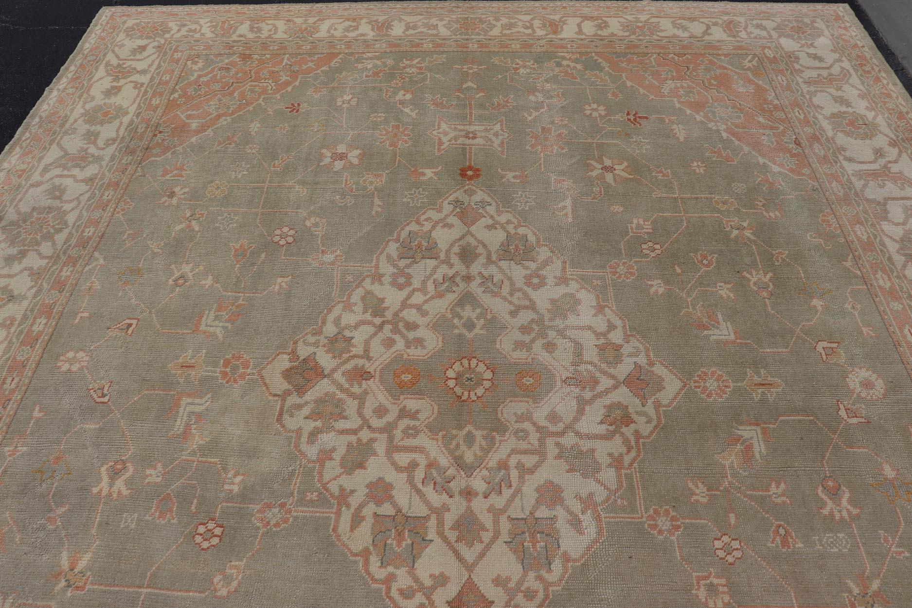 Large Antique Turkish Oushak With Medallion in Green and Pink 13'4 x 16'4 For Sale 8