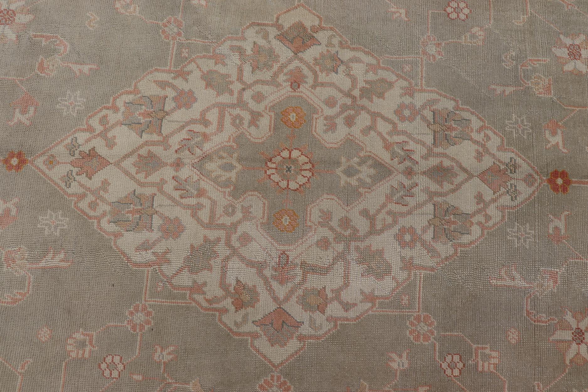 Large Antique Turkish Oushak With Medallion in Green and Pink 13'4 x 16'4 For Sale 9