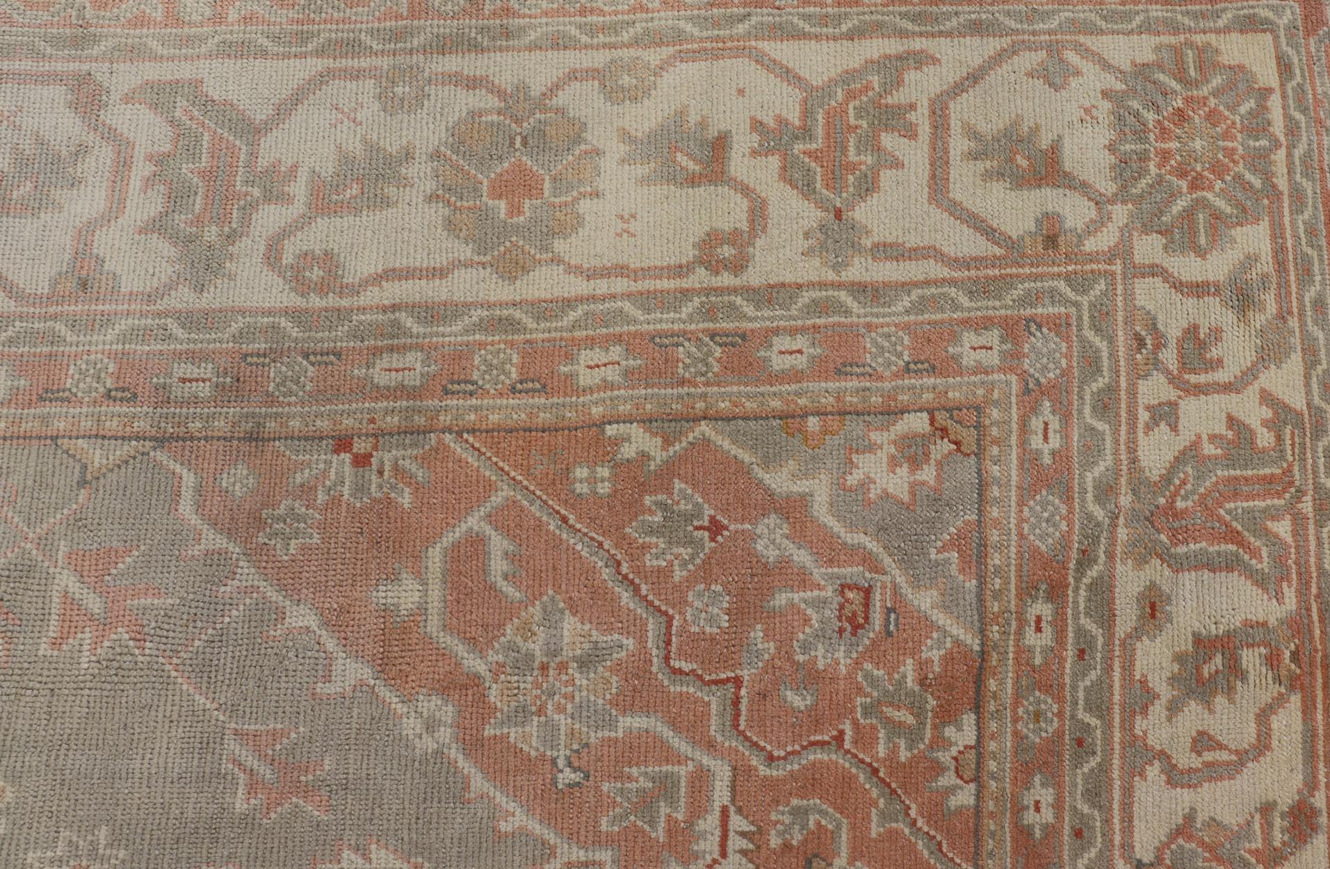Measures: 13'4 x 16'4 
Large Antique Turkish Oushak With Medallion in Green and Pink 13'4 x 16'4. 
Antique Hand Knotted Turkish Oushak With Large Medallion in Soft Green 
Antique Turkish Oushak rug with floral design in light green and soft pink.