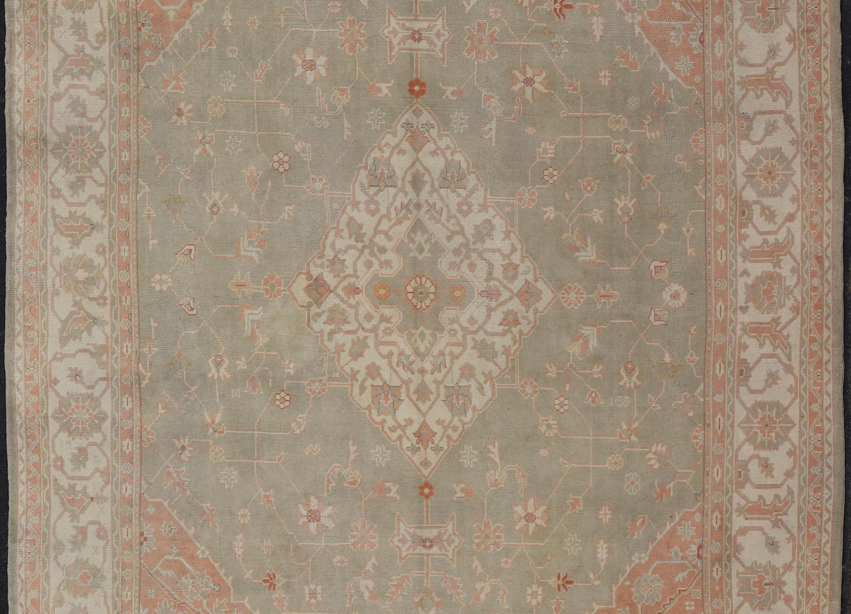 Large Antique Turkish Oushak With Medallion in Green and Pink 13'4 x 16'4 For Sale 1