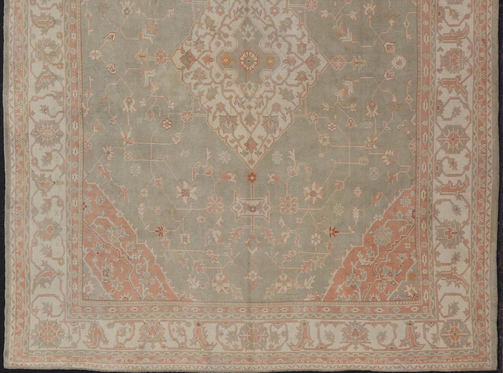 Large Antique Turkish Oushak With Medallion in Green and Pink 13'4 x 16'4 For Sale 2