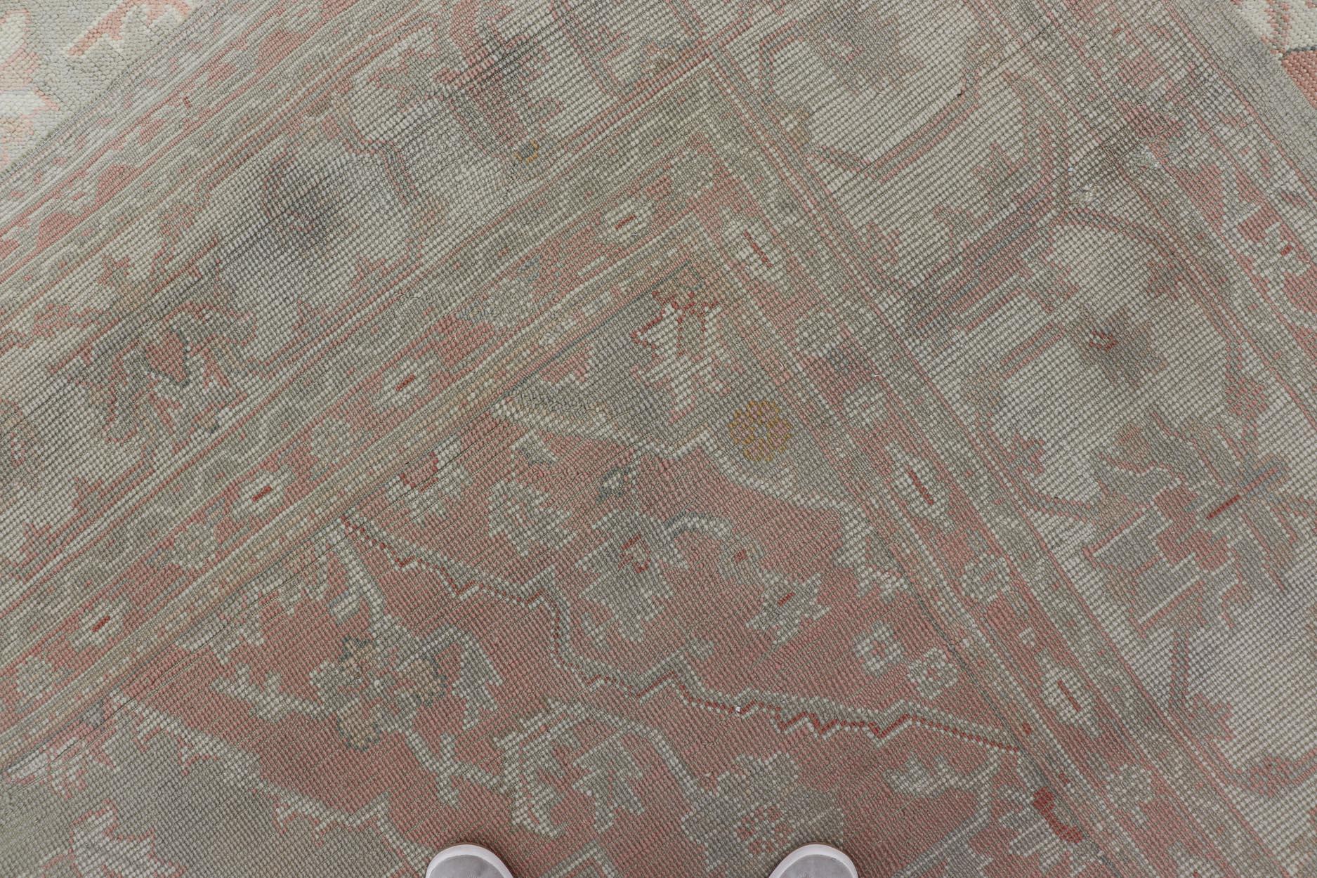 Large Antique Turkish Oushak With Medallion in Green and Pink 13'4 x 16'4 For Sale 3