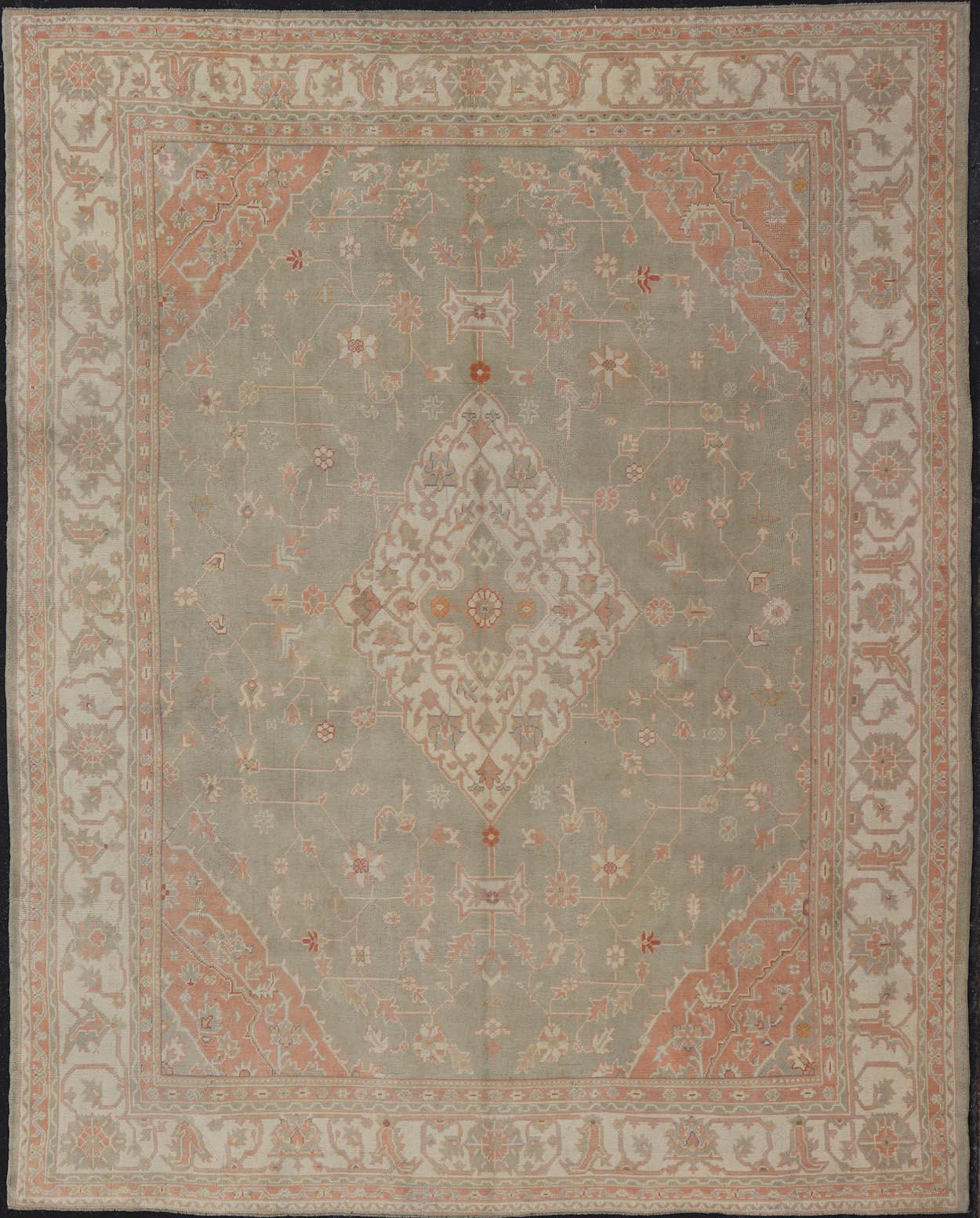 Large Antique Turkish Oushak With Medallion in Green and Pink 13'4 x 16'4 For Sale