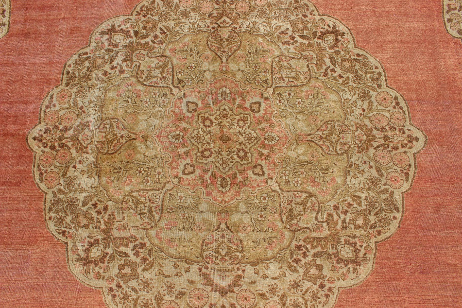 Large Antique Turkish Sivas Rug with Medallion Design in Pink Red & Yellow Green For Sale 6