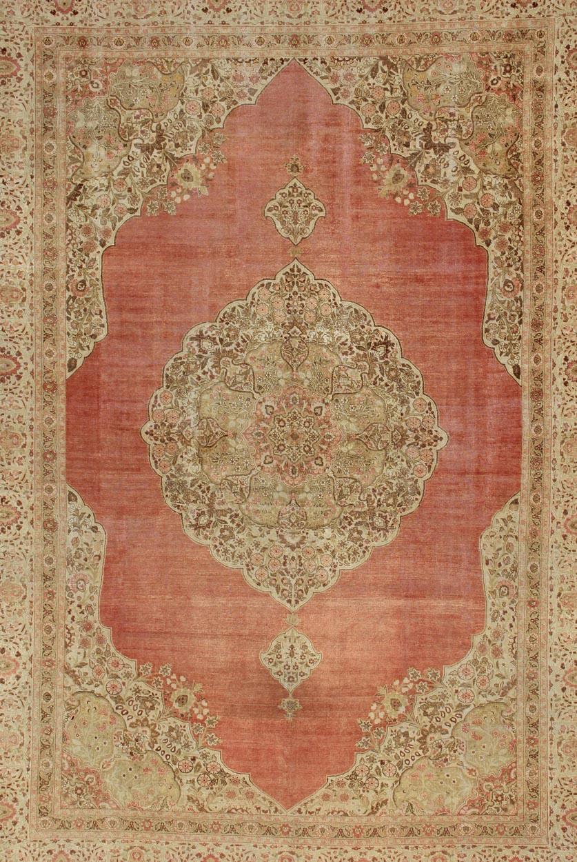 Oushak Large Antique Turkish Sivas Rug with Medallion Design in Pink Red & Yellow Green For Sale