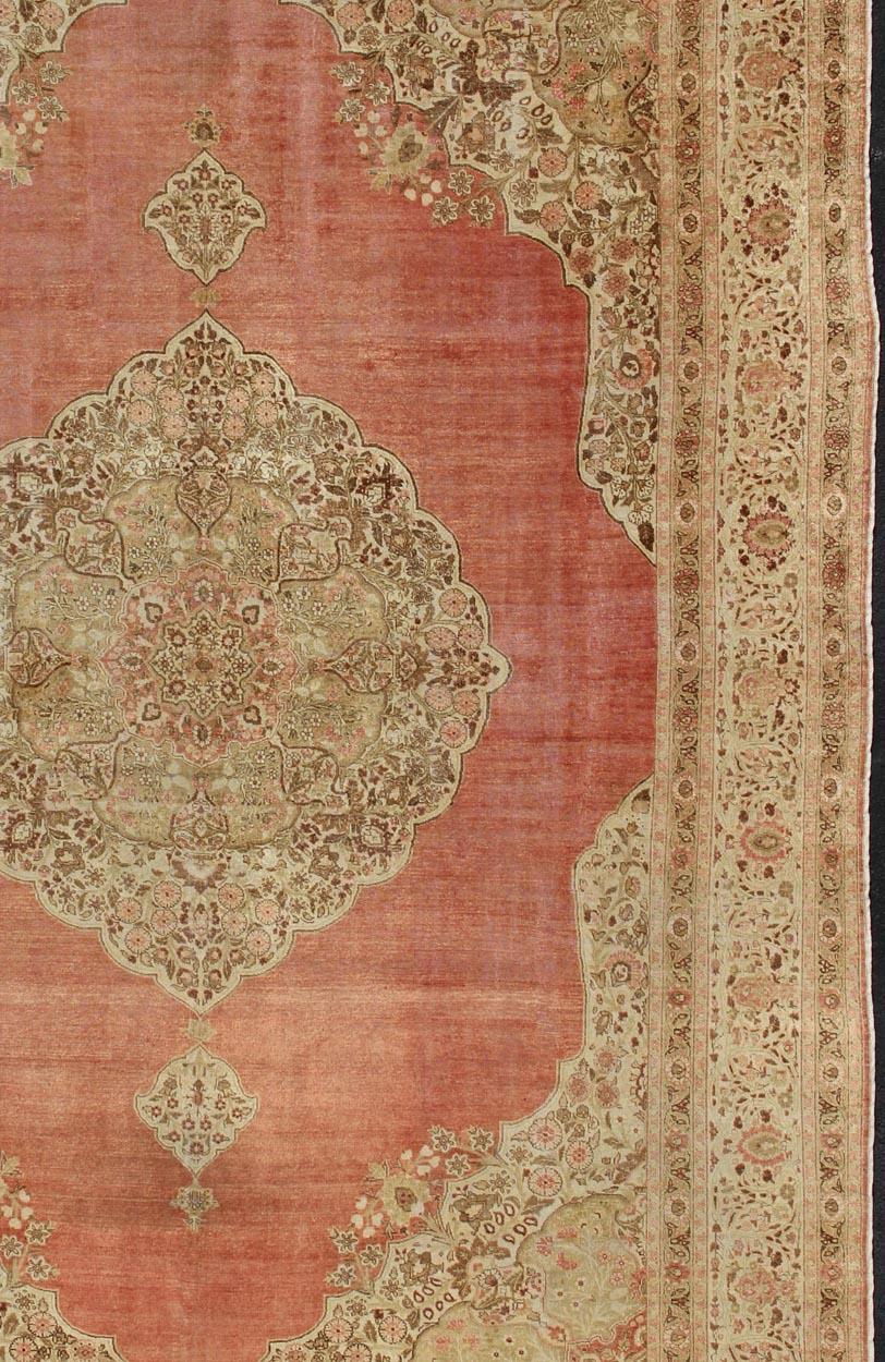 Hand-Knotted Large Antique Turkish Sivas Rug with Medallion Design in Pink Red & Yellow Green For Sale
