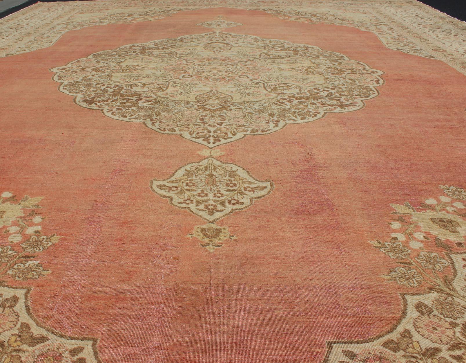 Large Antique Turkish Sivas Rug with Medallion Design in Pink Red & Yellow Green For Sale 2