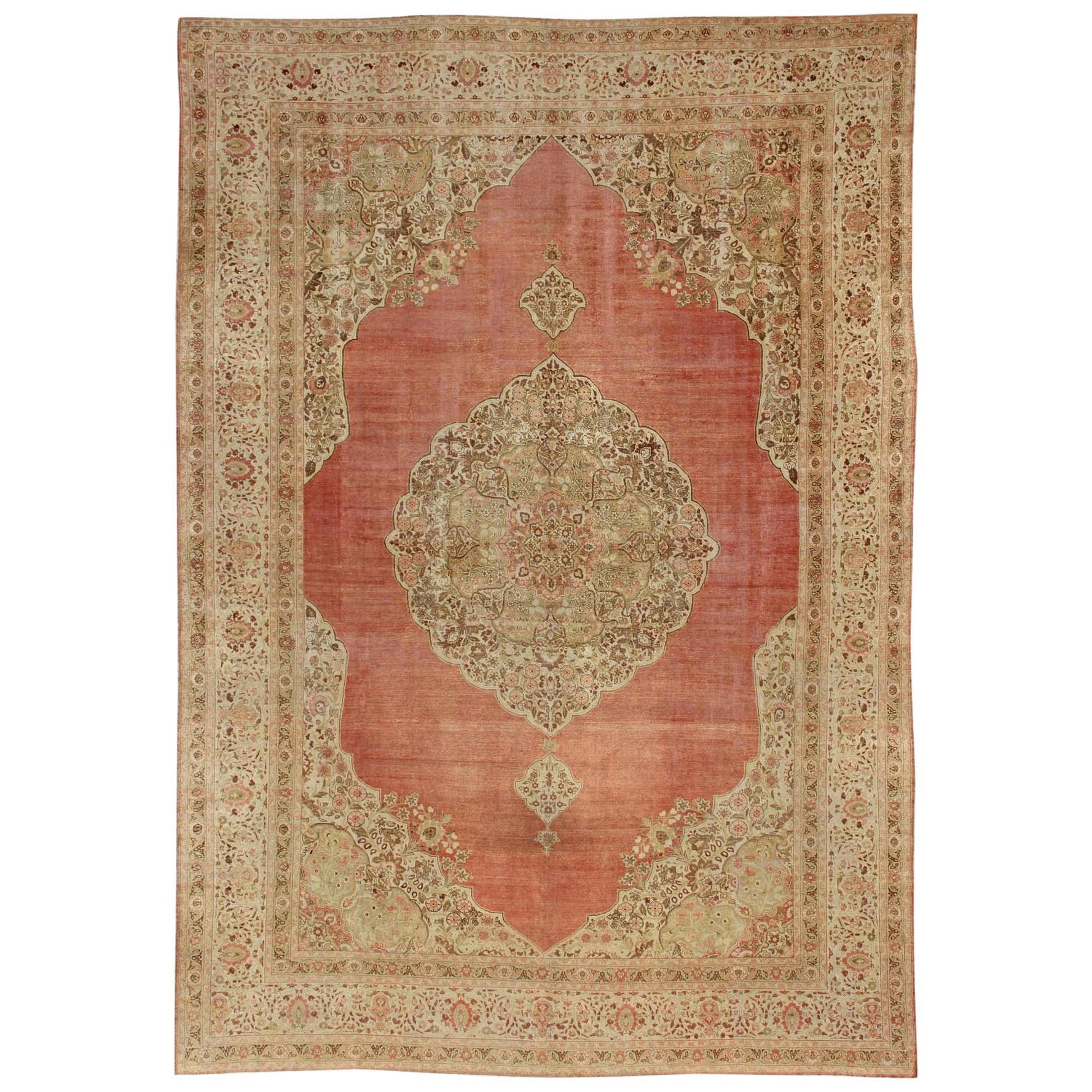 Large Antique Turkish Sivas Rug with Medallion Design in Pink Red & Yellow Green For Sale