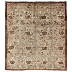 Large Antique Turkish Tulu Carpet with Floral Design in Tan & Brown