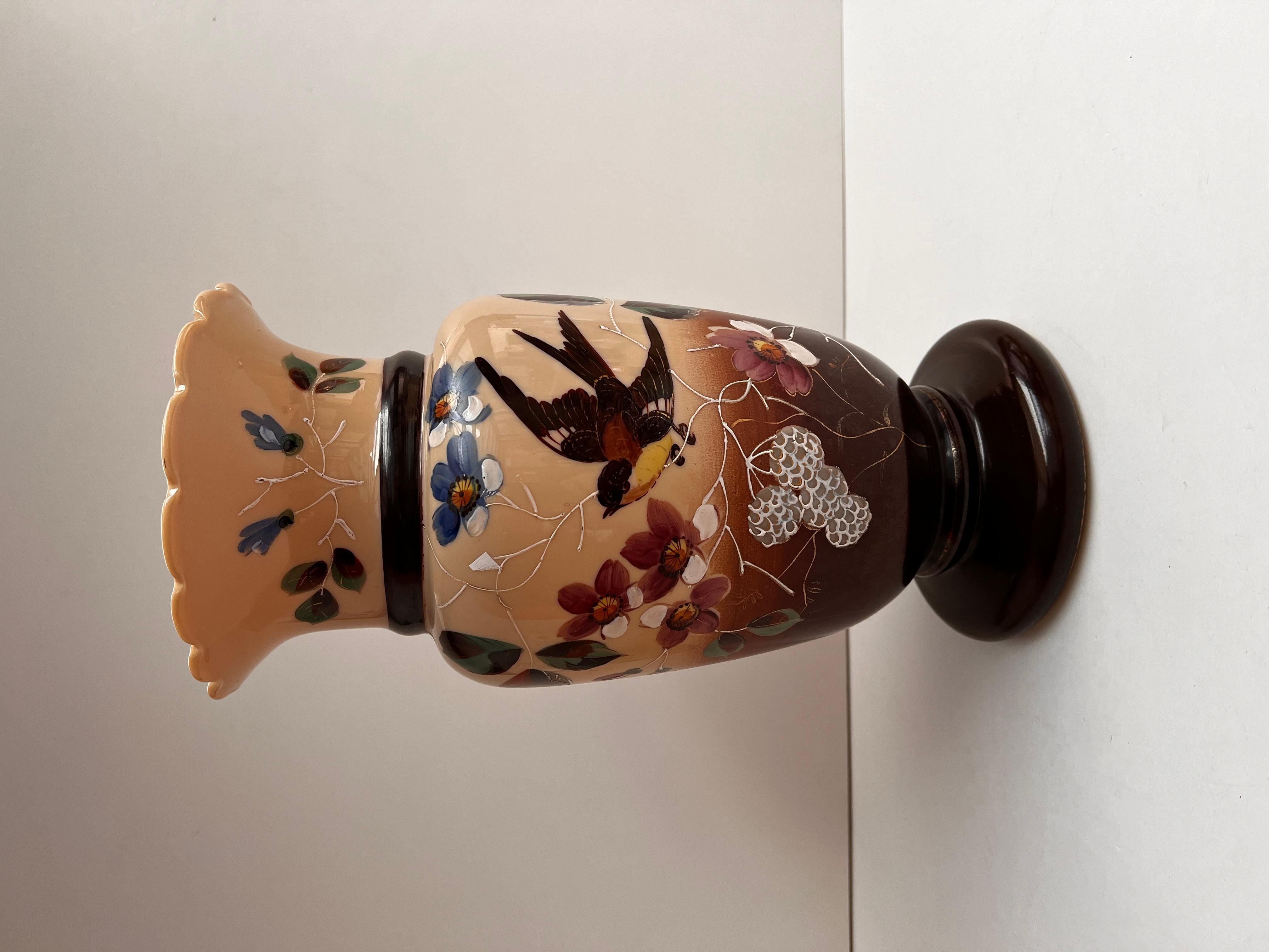 Very beautiful large interior vase made of elite high quality opaline glass. First half of the 20th century. France.

Colourfully hand painted antique vase.

Decorated on one side with a floral and bird pattern.

Very beautiful look in the