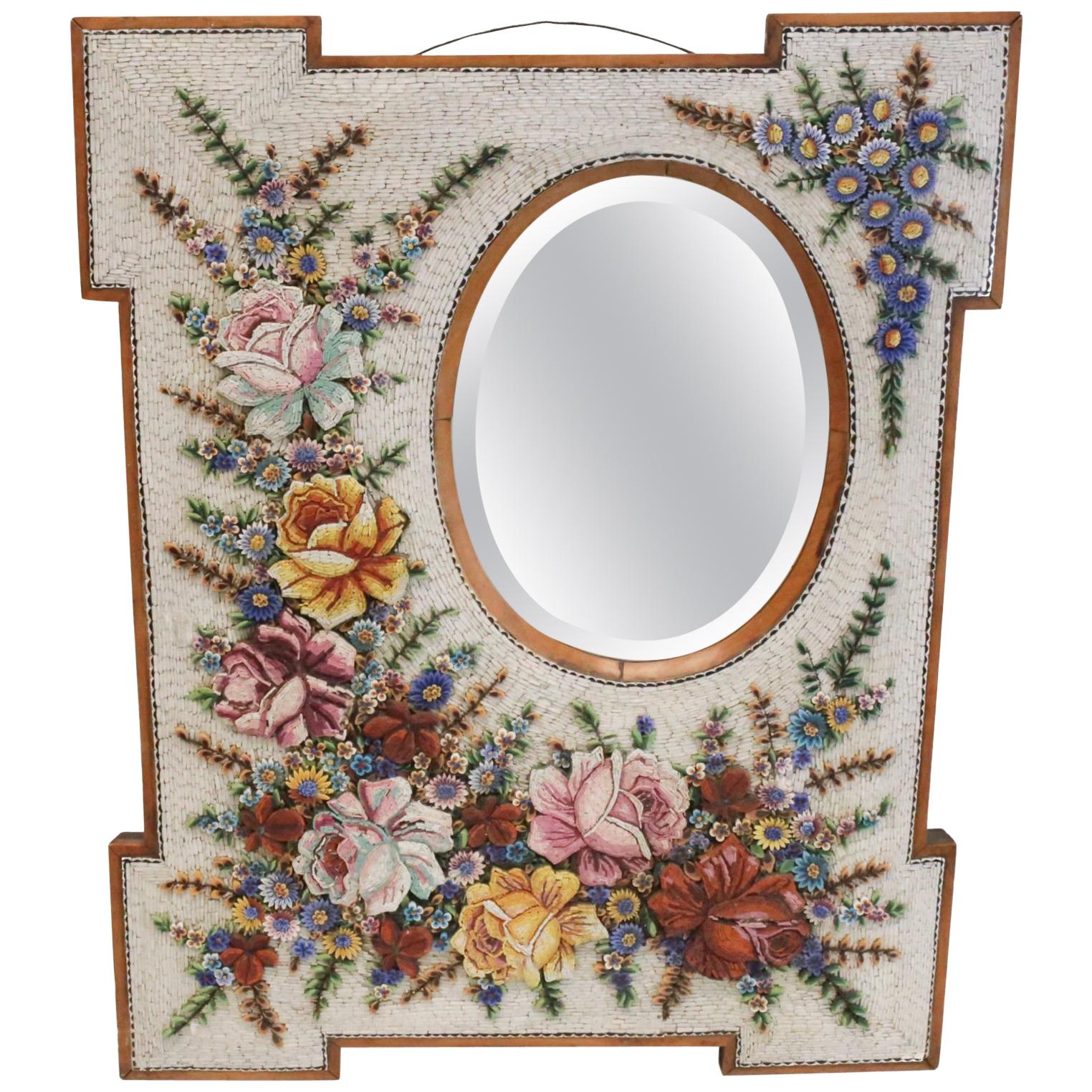 Large Antique Venetian Micromosaic Hanging Wall Mirror, Floral Designs For Sale