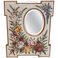 Large Antique Venetian Micromosaic Hanging Wall Mirror, Floral Designs