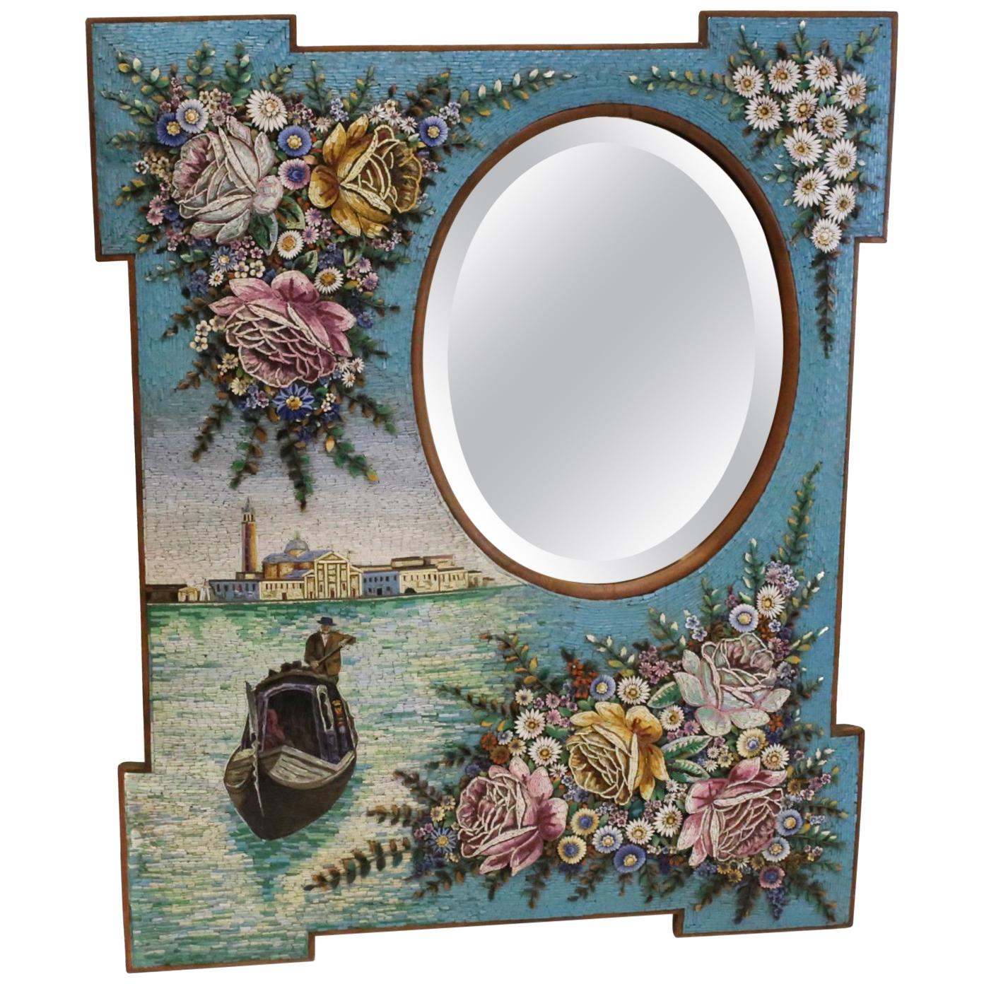 Large Antique Venetian Micromosaic Hanging Wall Mirror, Grand Canal Seascape For Sale