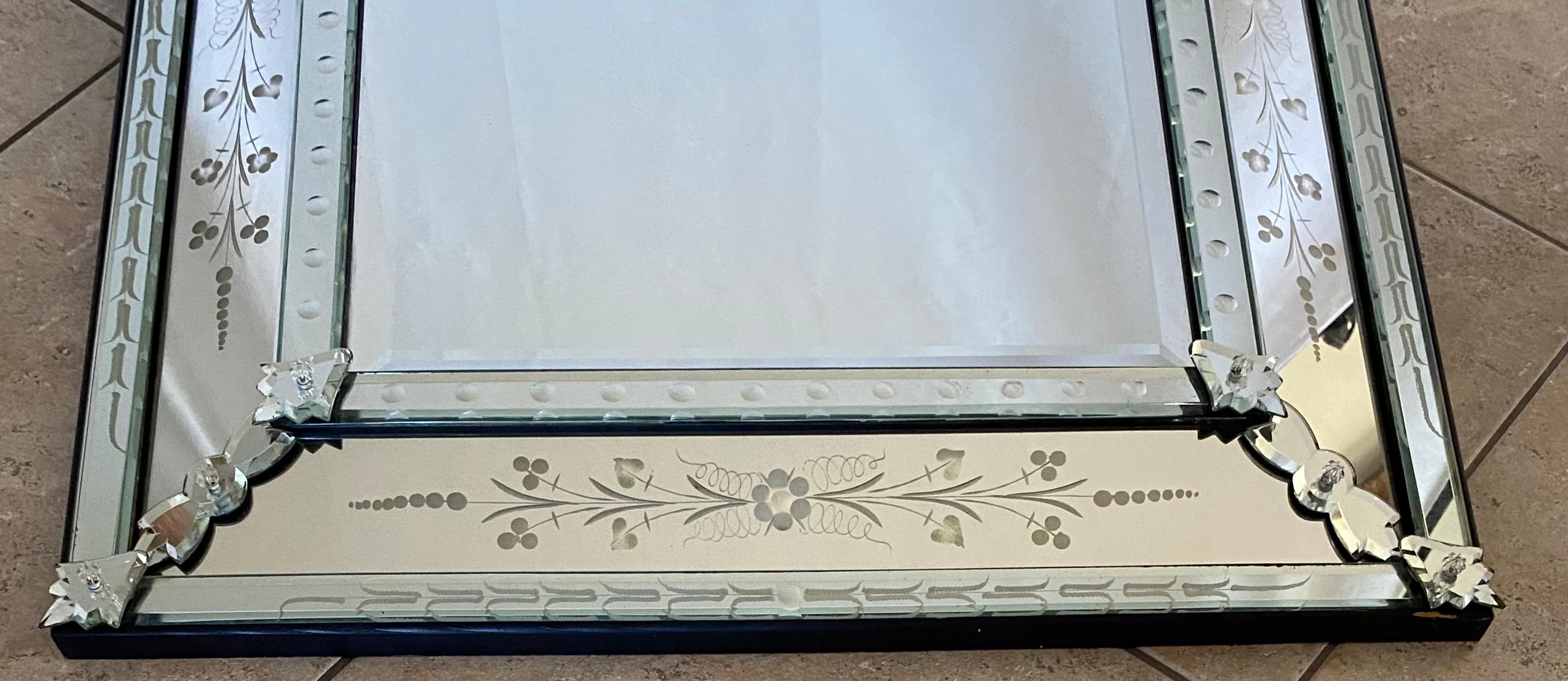 Glass Large Antique Venetian Mirror Reverse Etched and Beveled