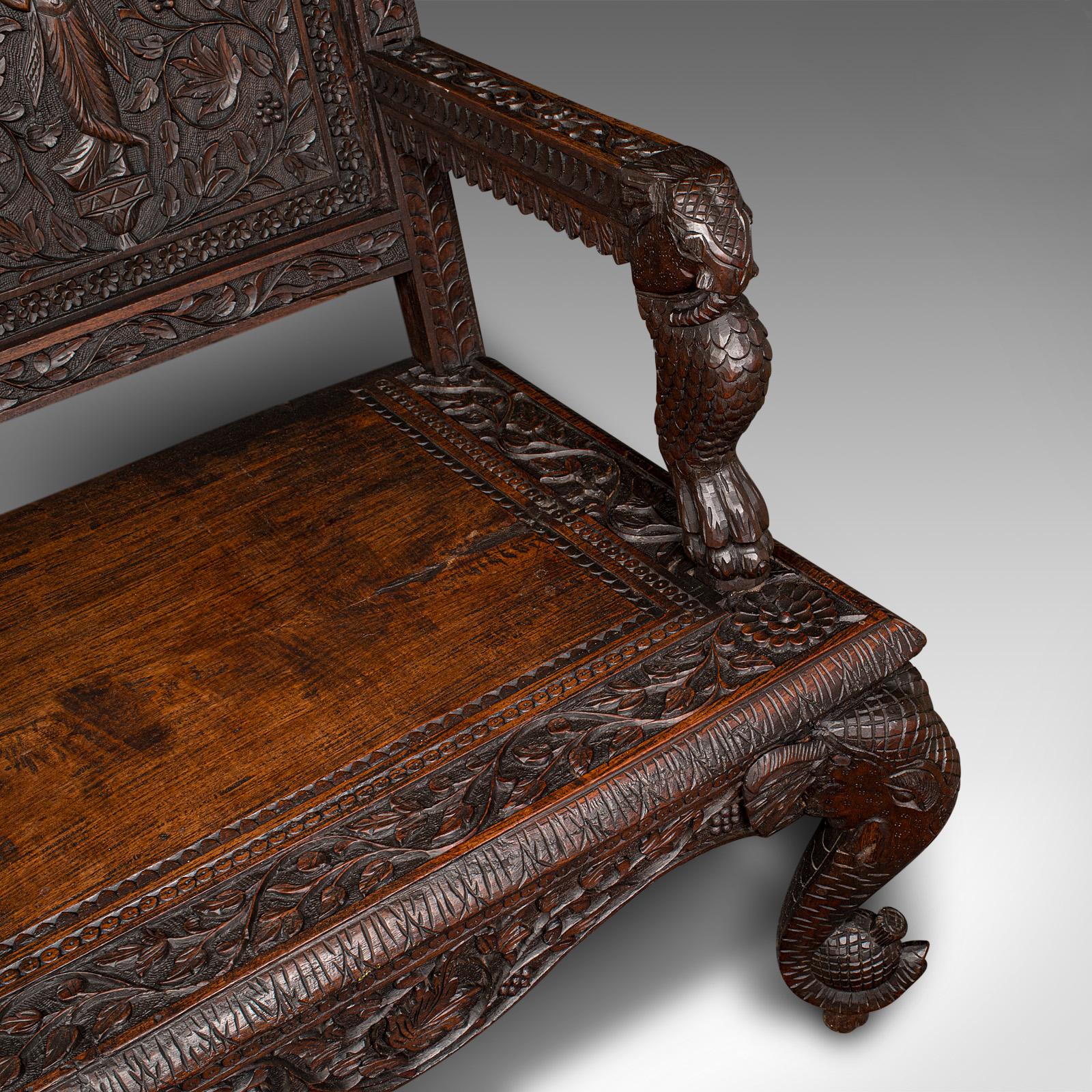 Grande panca da veranda antica, Ceylon, teak, 3 posti, seduta ornata, vittoriana, 1880 in vendita 2