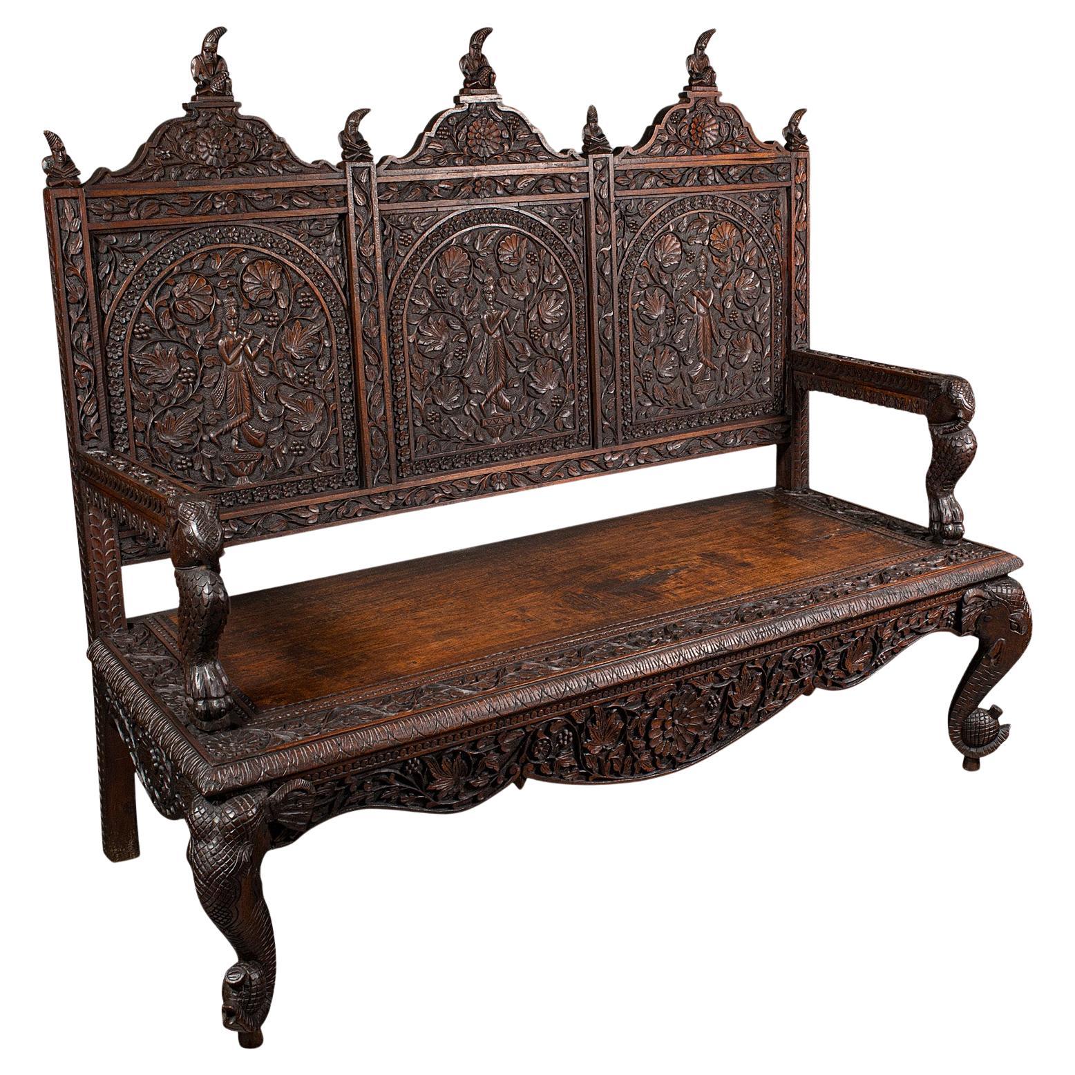 Large Antique Veranda Bench, Ceylon, Teak, 3 Seat, Ornate Seat, Victorian, 1880