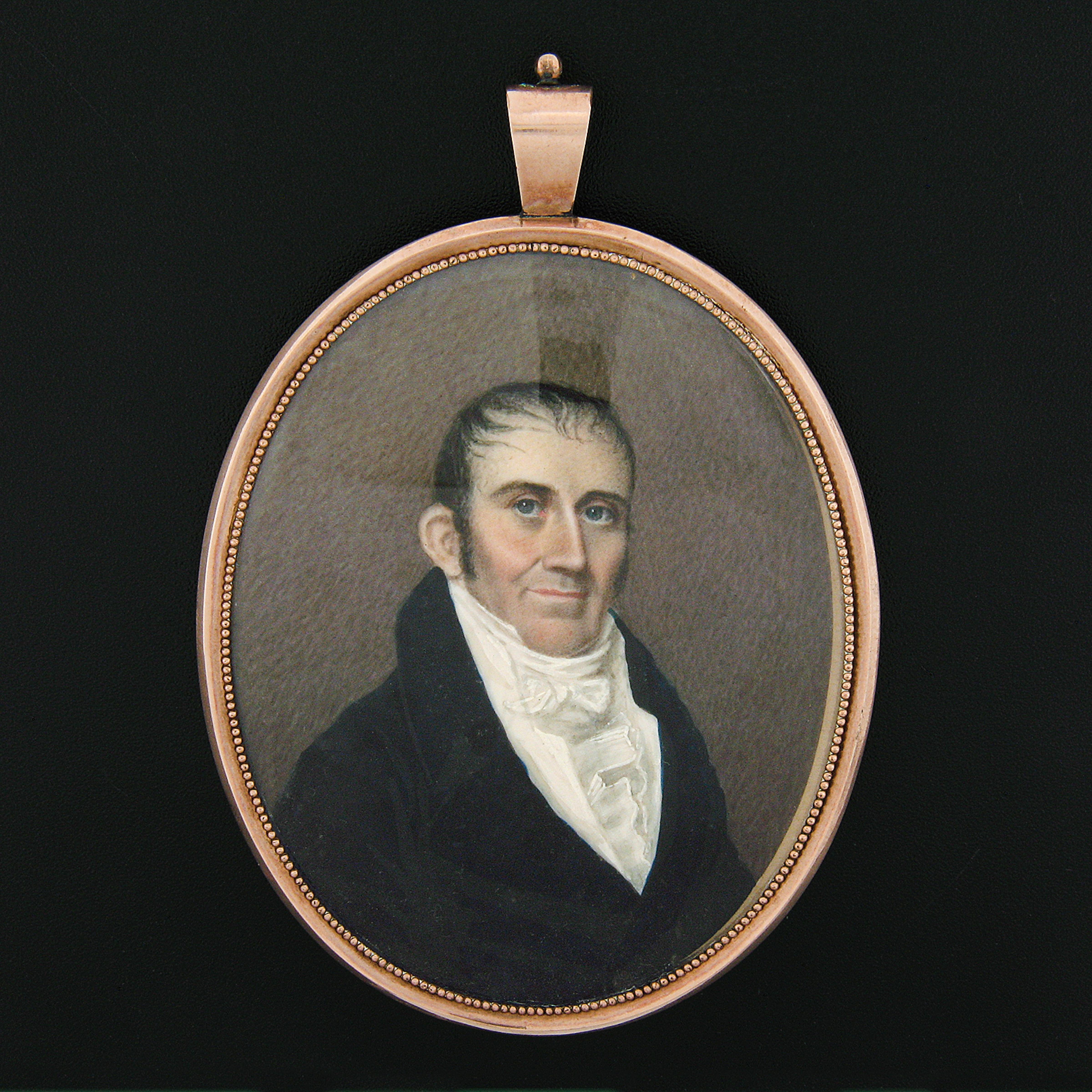Large Antique Victorian 12k+ Gold Oval Hand Painted Portrait Mourning Pendant In Good Condition In Montclair, NJ