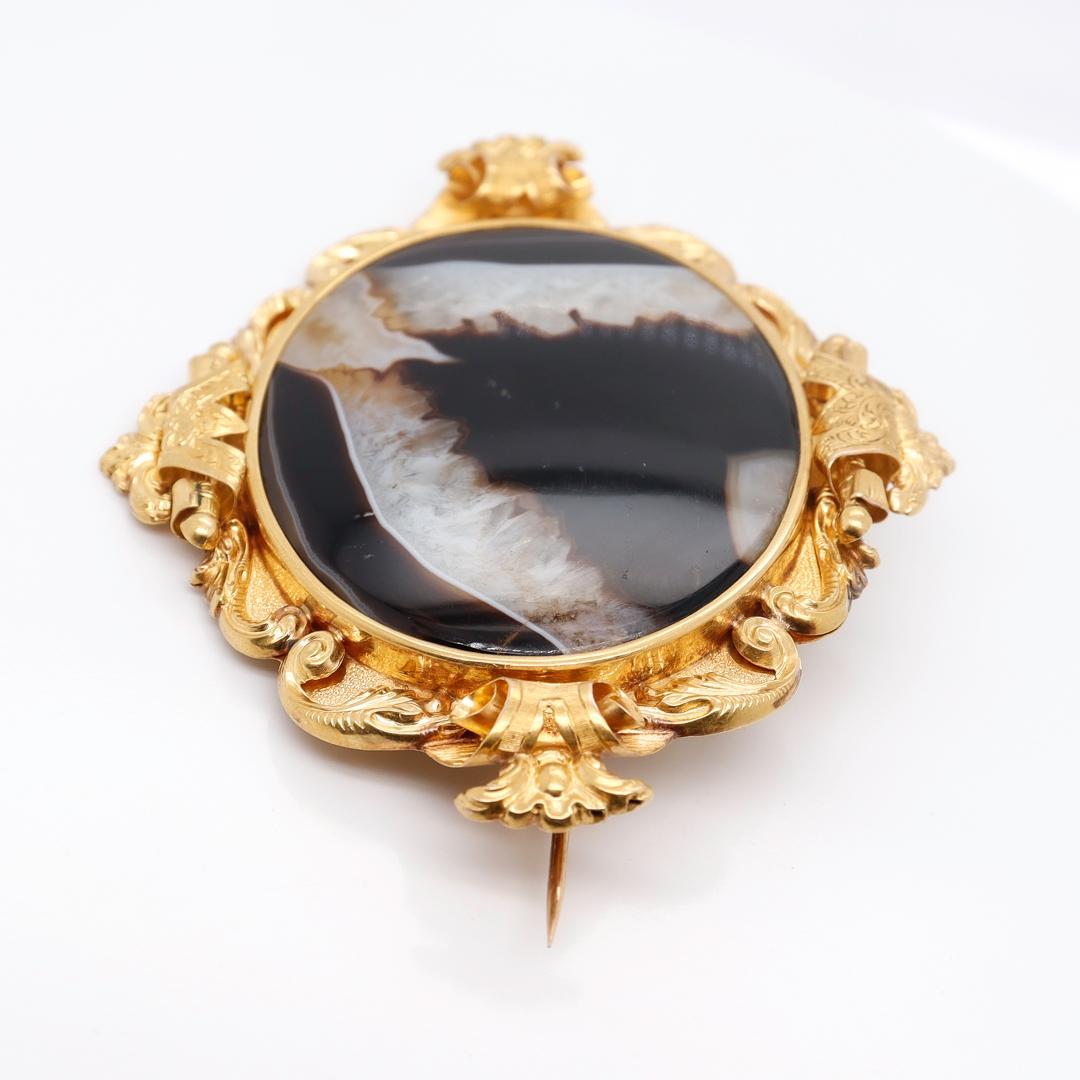 Large Antique Victorian 18k Gold and Banded Agate Brooch For Sale 5