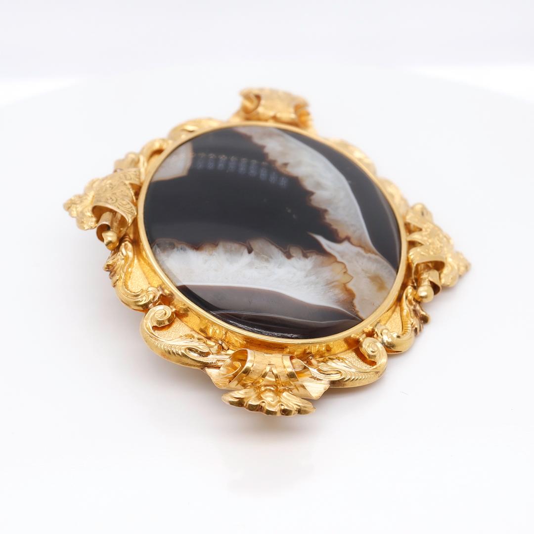 Large Antique Victorian 18k Gold and Banded Agate Brooch For Sale 7