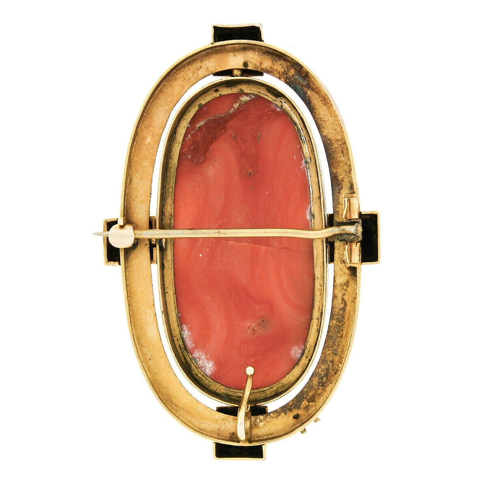 Women's or Men's Large Victorian 18 Karat Gold GIA No Dye Carved Coral Cameo Pearl Brooch Pin For Sale