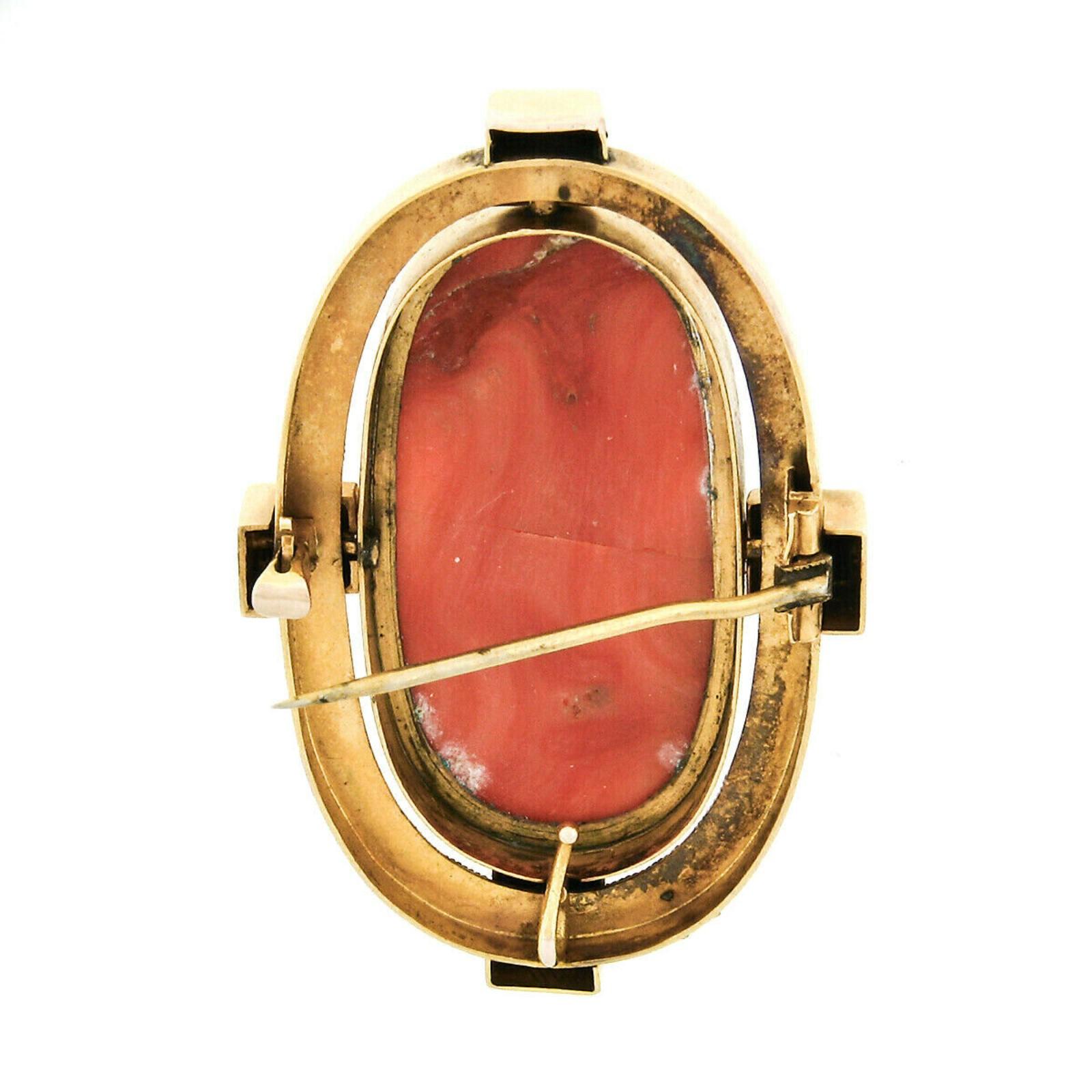 Large Victorian 18 Karat Gold GIA No Dye Carved Coral Cameo Pearl Brooch Pin For Sale 1