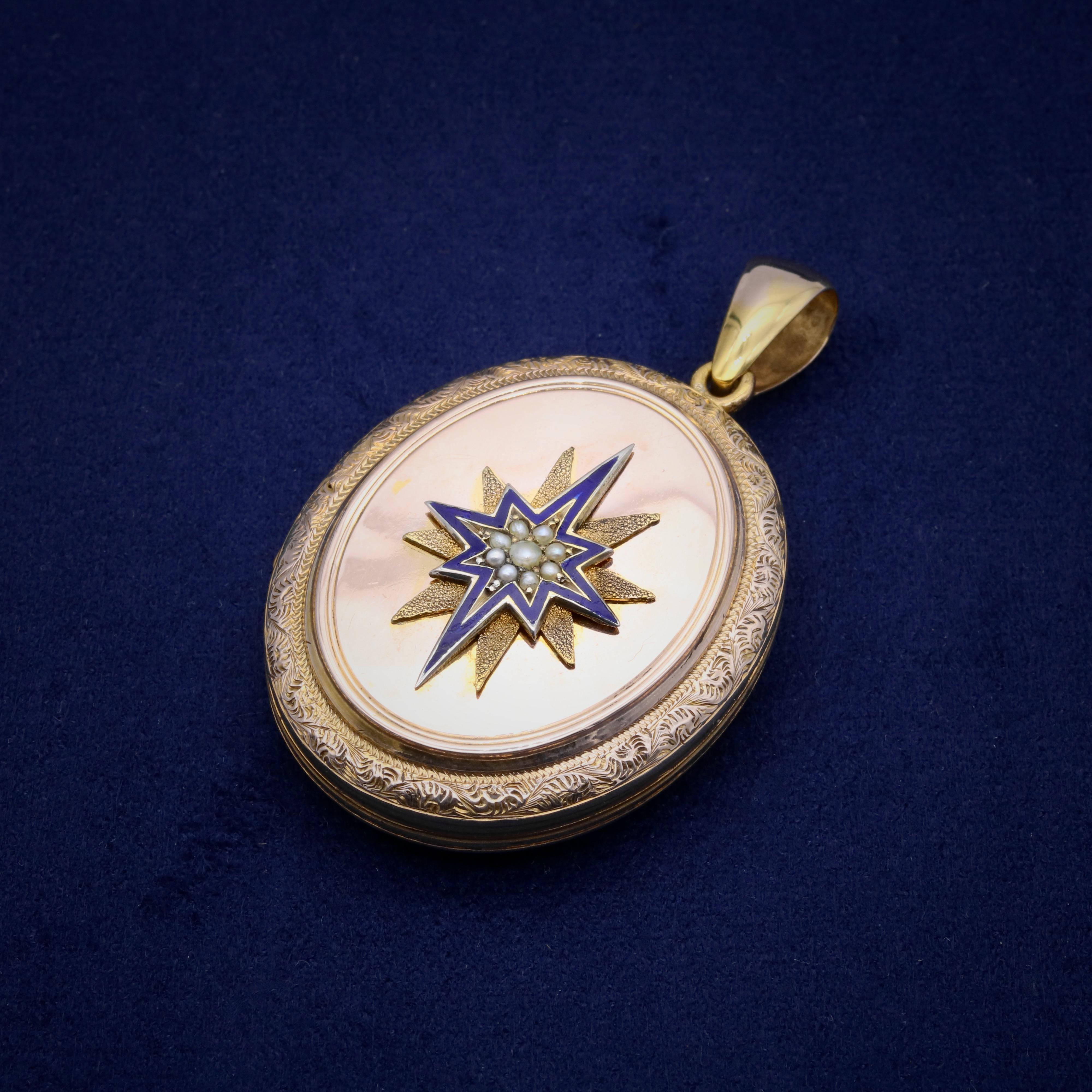 Vittoriano Grande medaglione ovale antico vittoriano in oro 9K con perle e smalto blu inciso a stella in vendita