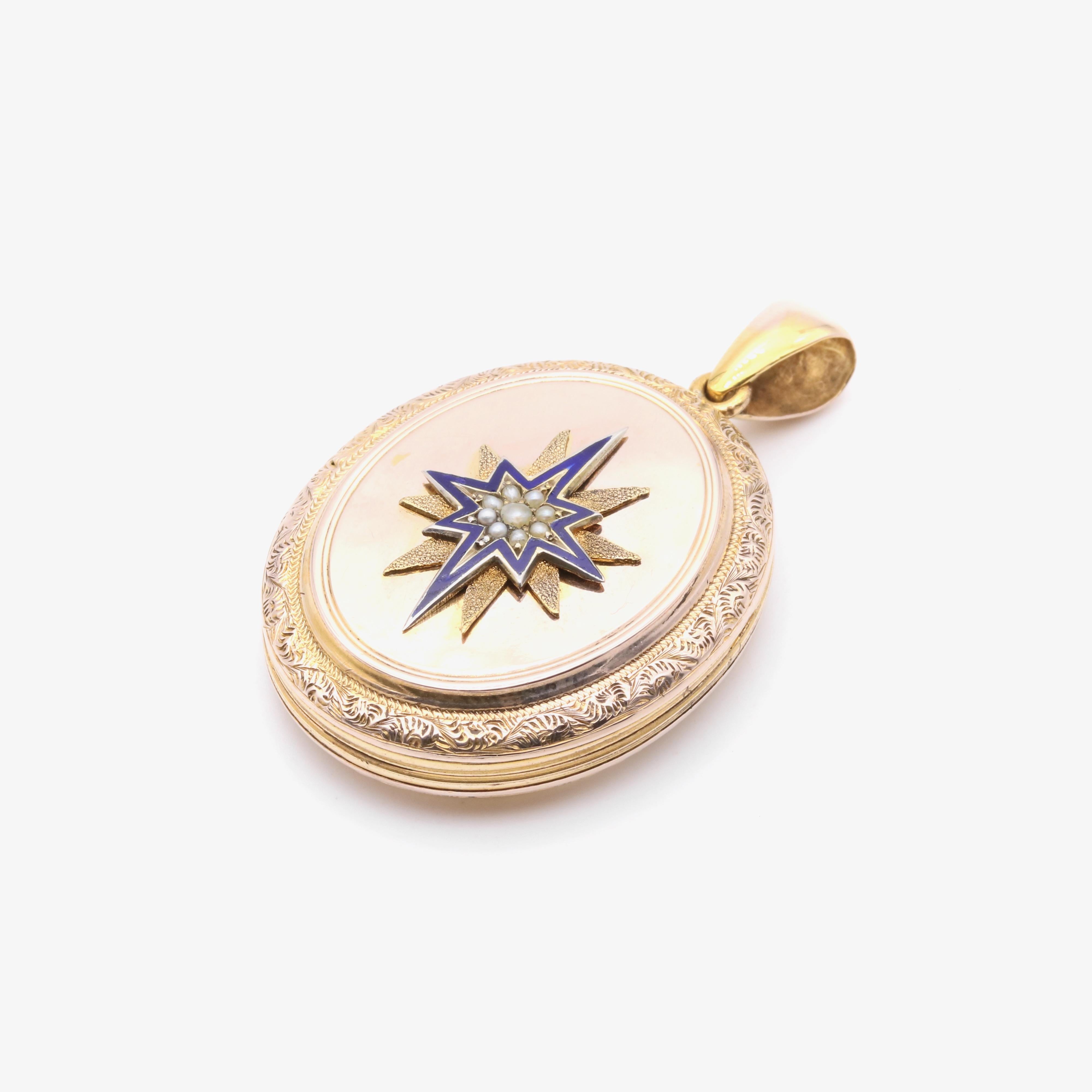 da uomo o donna Grande medaglione ovale antico vittoriano in oro 9K con perle e smalto blu inciso a stella in vendita