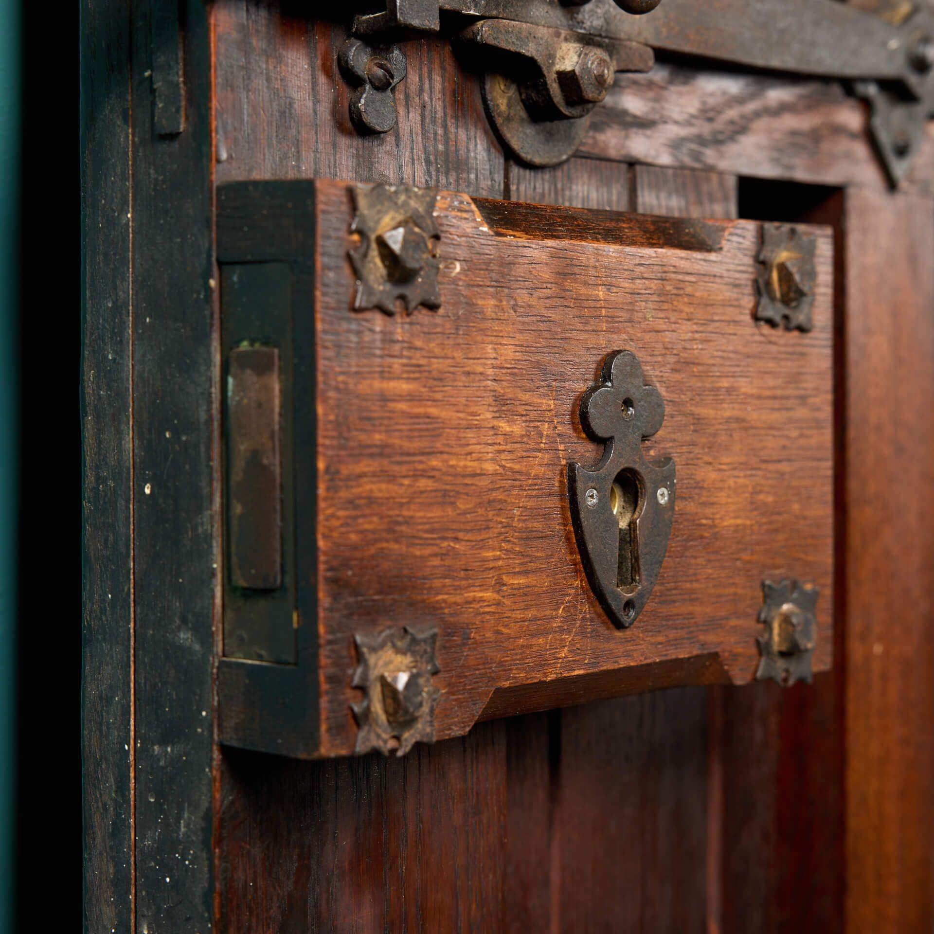 Metal Large Antique Victorian Arched Oak Exterior Door For Sale