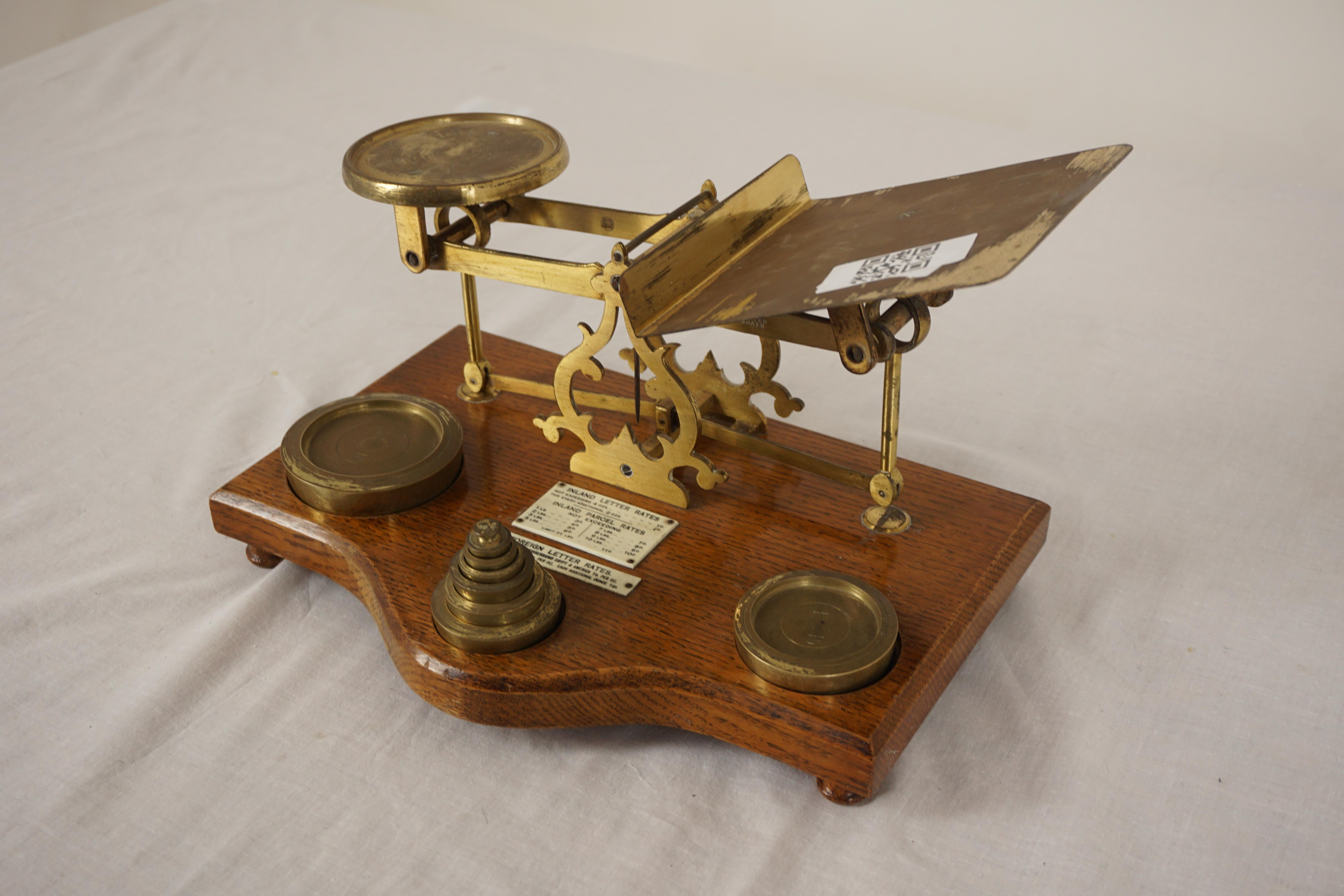 Large Antique Victorian Brass Postal Scales and Weights, Scotland 1900, H977

Scotland 1900
Solid Oak and Brass
The shaped base is solid oak
With the original eight solid brass weights
Inlaid letter rates applied to the base
Two pens on