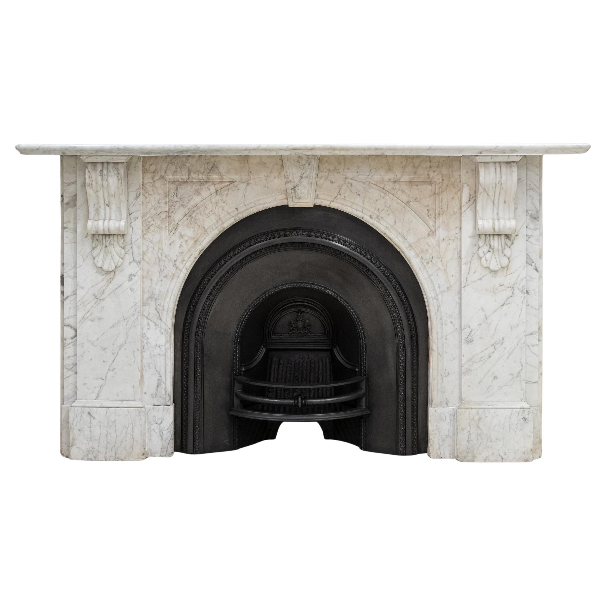 Large Antique Victorian Carrara Marble Arched Chimneypiece