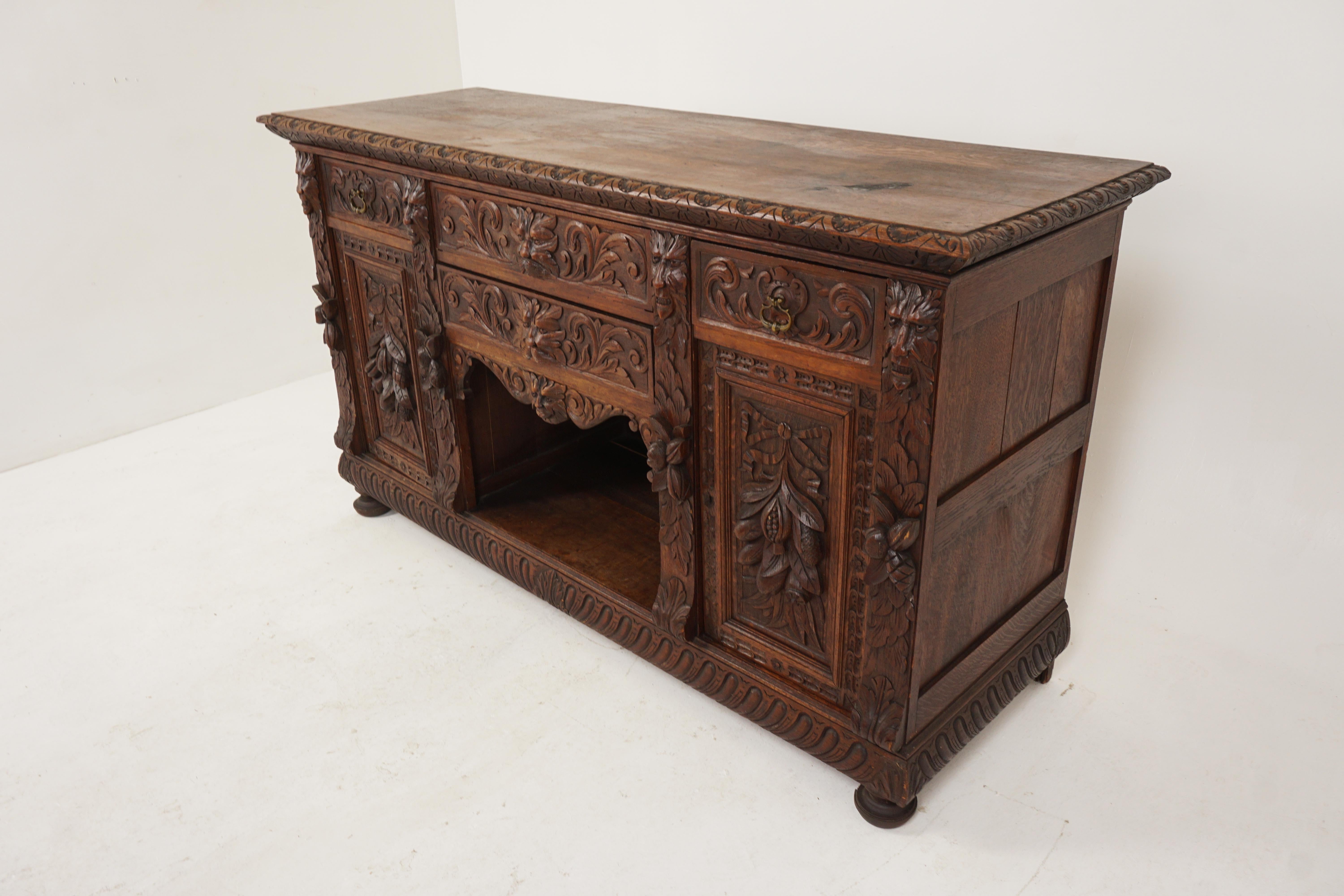 Early 20th Century Large Antique Victorian Carved Oak 