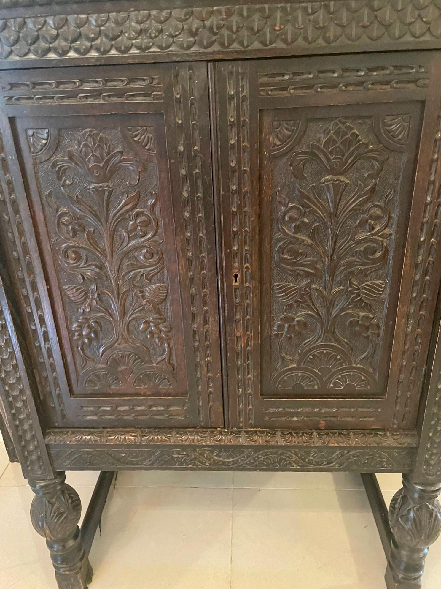 19th Century Large Antique Victorian Carved Oak Side Cabinet For Sale