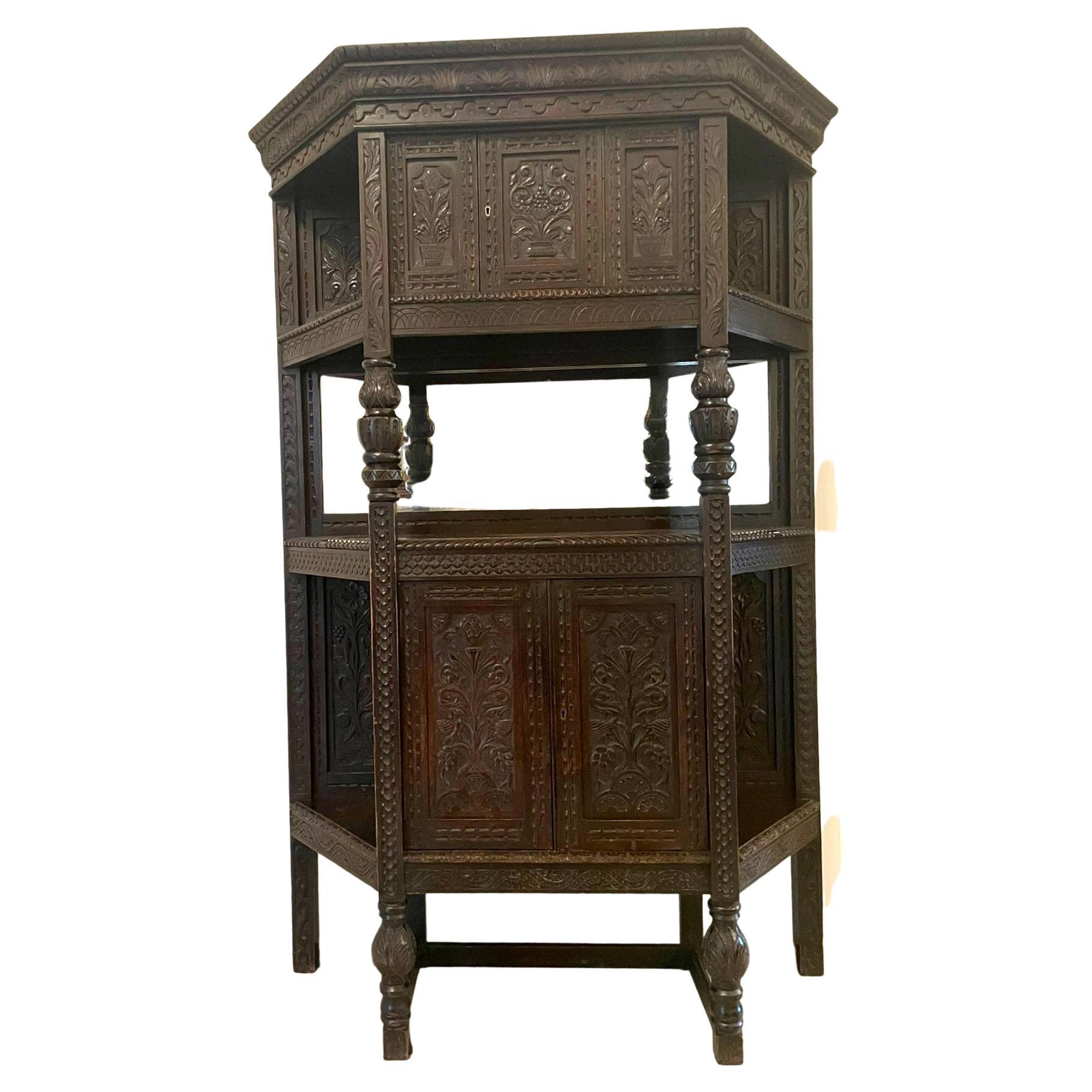 Large Antique Victorian Carved Oak Side Cabinet For Sale