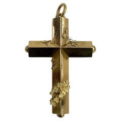 Large Antique Victorian Cross Pendant with Ivy Leaves 15k Yellow Gold